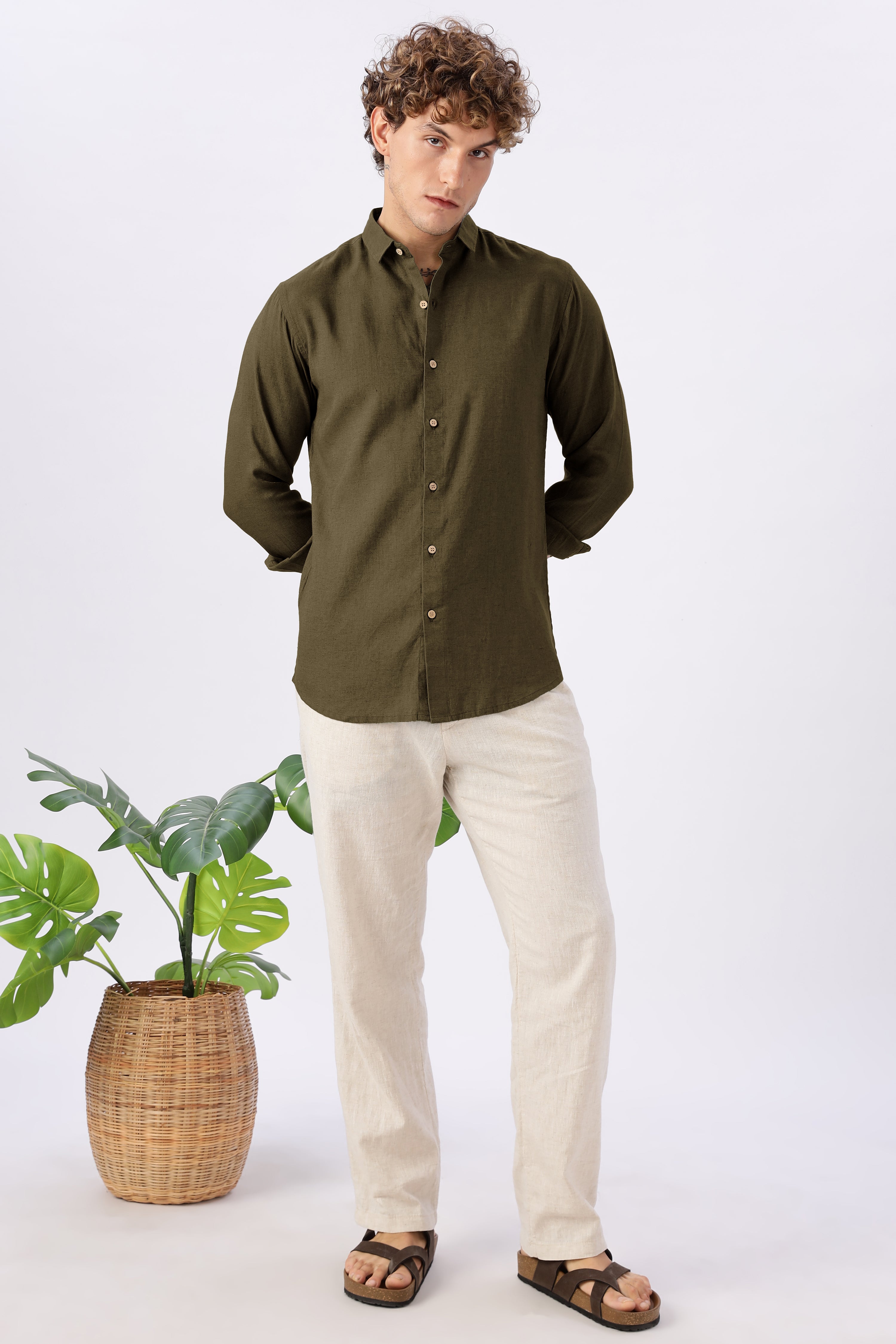 Olive Grove Linen Blend No Logo Regular Fit Green Shirt