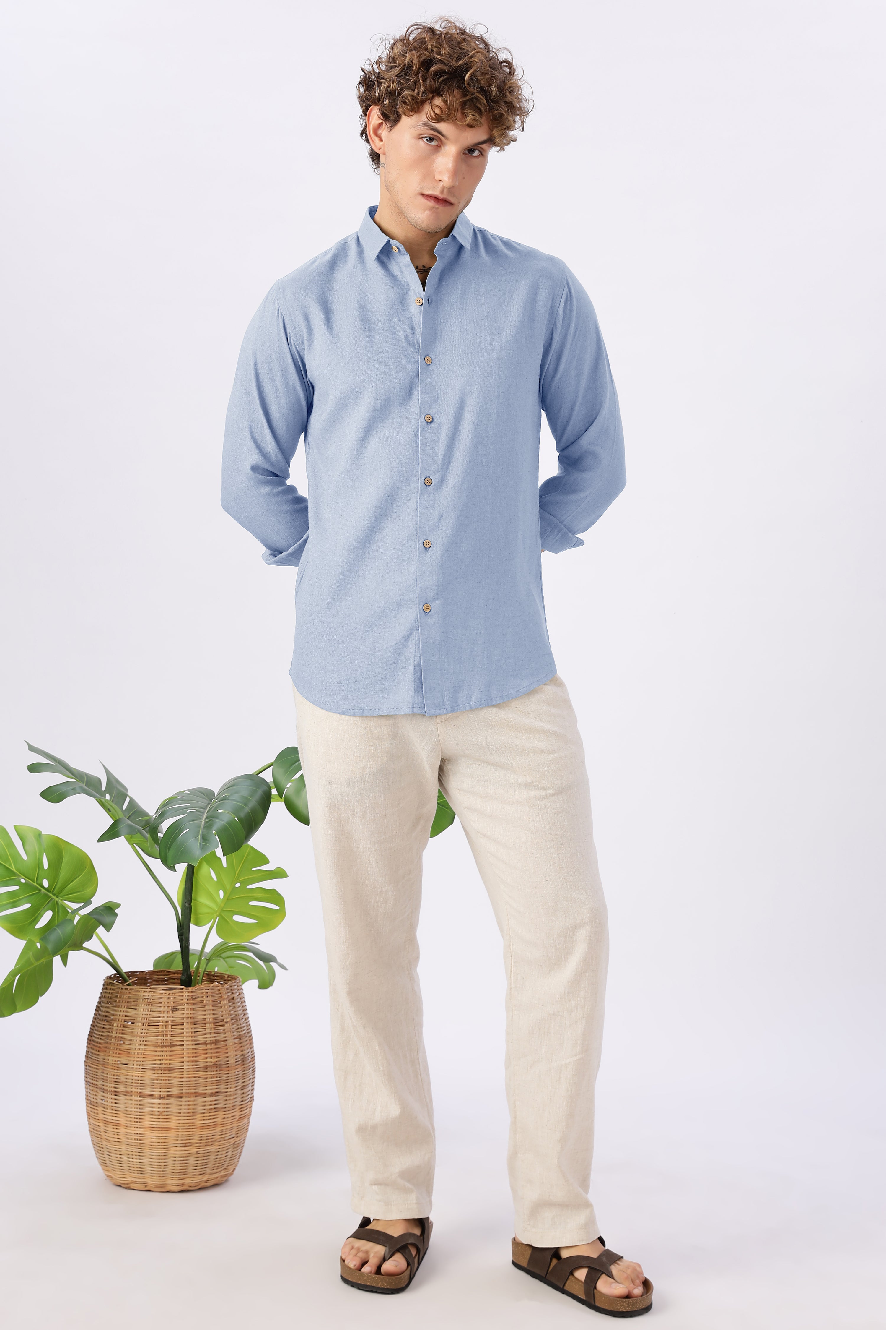 Skyline Calm 30% Linen Regular Fit Blue Shirt