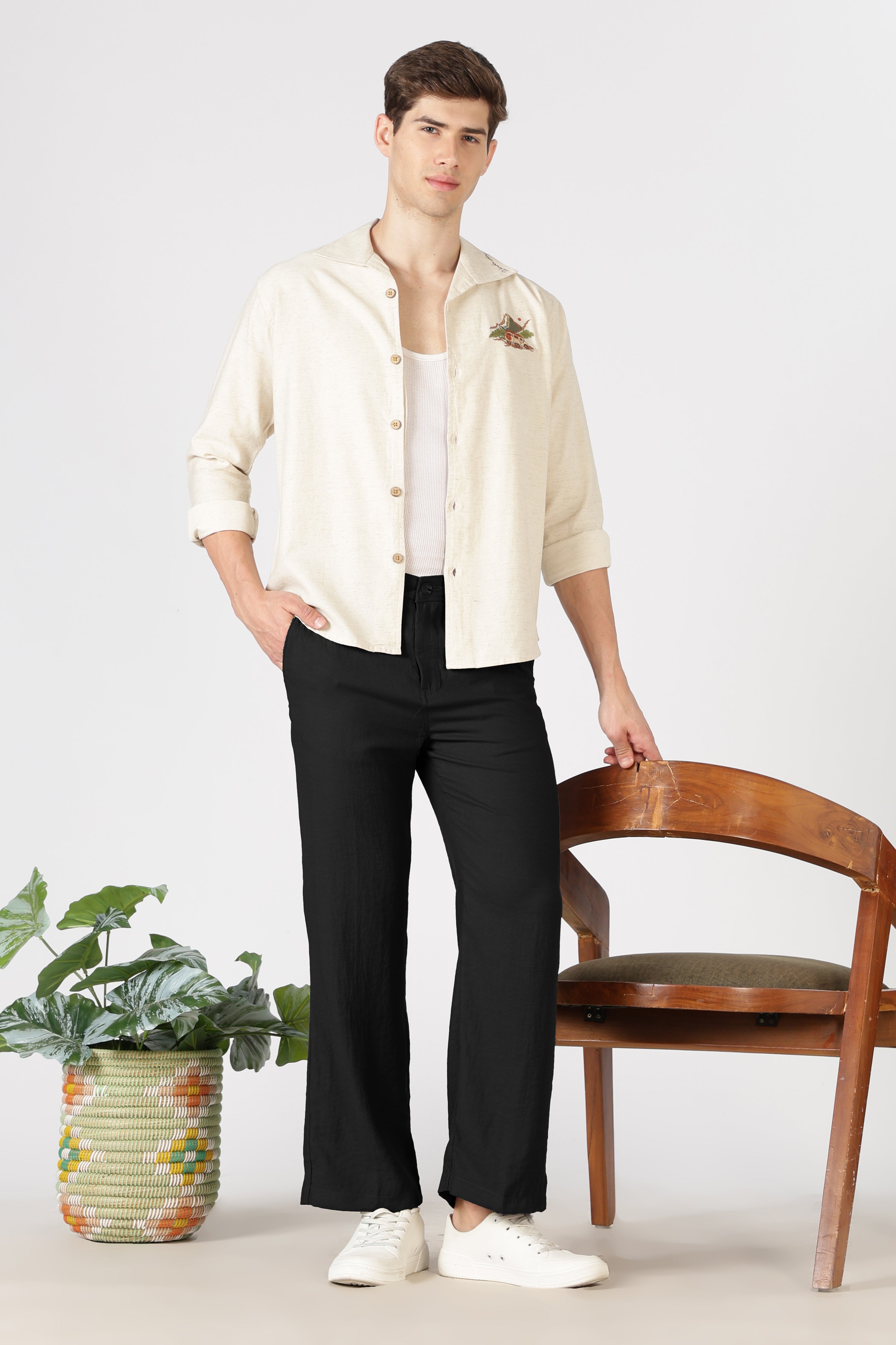 Free Flow Cotton:Linen Parallel Fit Black Pants
