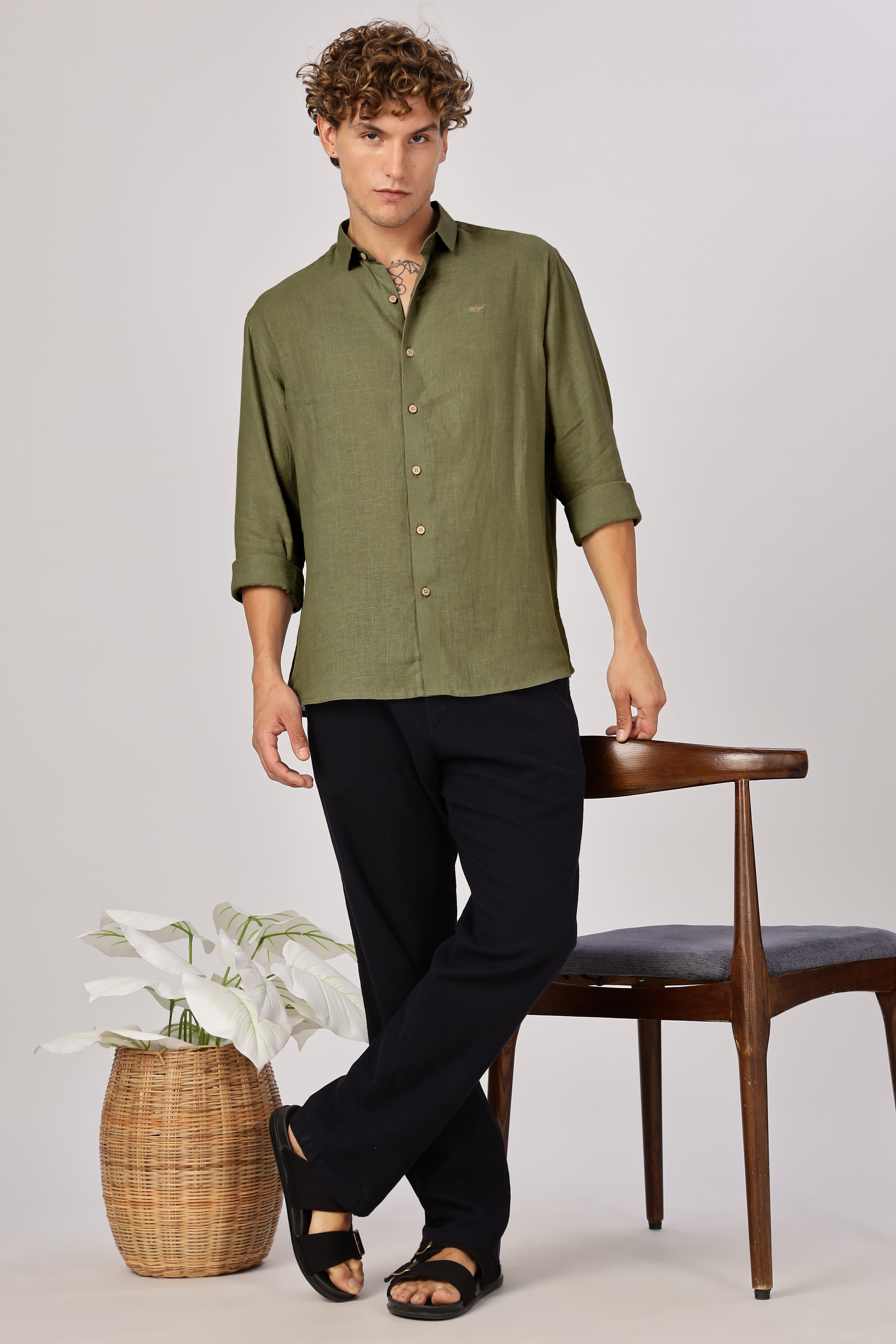 Green 100% Linen 44 Lea Shirt