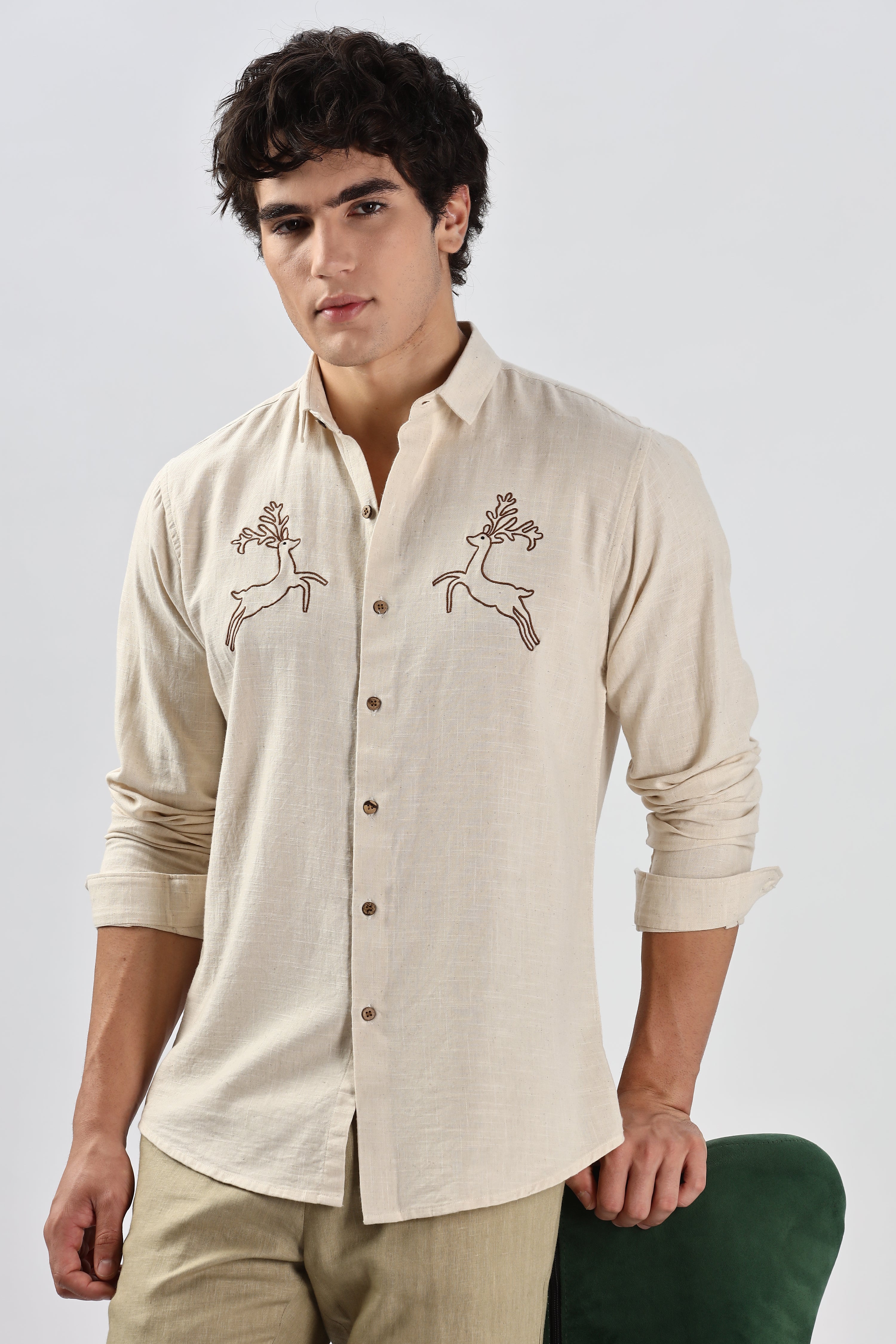 Hopping Pronghorn Beige Embroidery Shirt