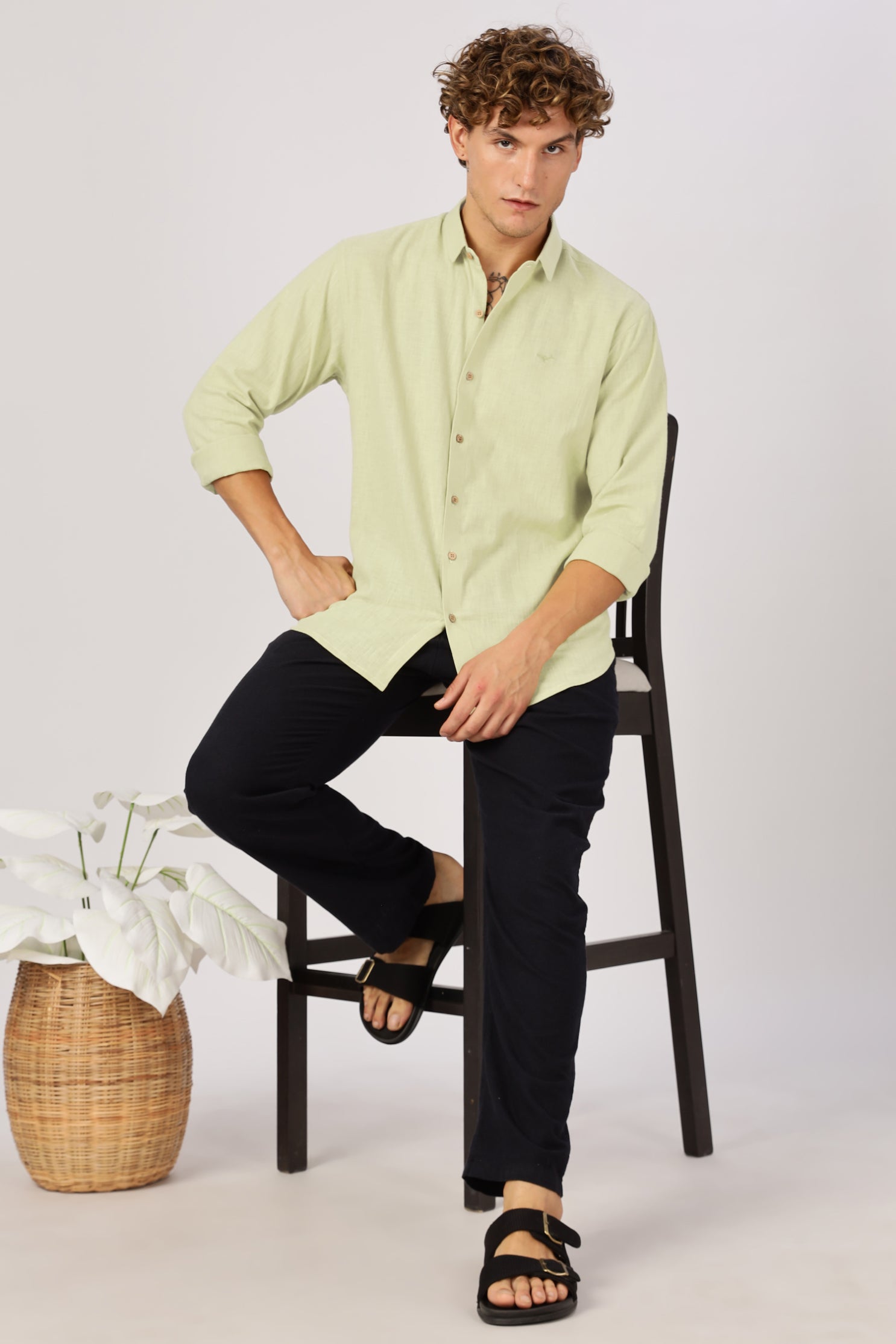 Light Green 100% Cotton Mock-Linen Essential Shirt