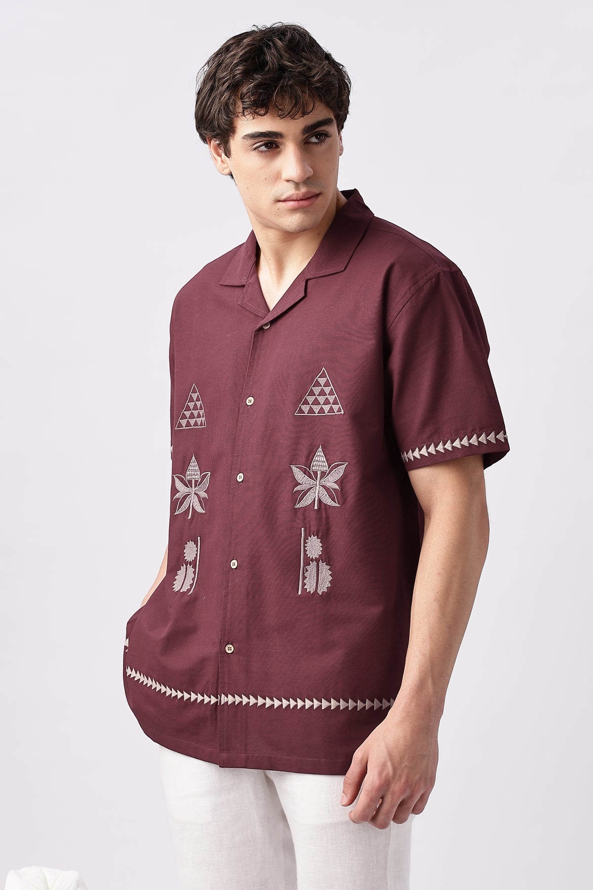 Temple Trail Cotton Box Fit Maroon Embroidered Shirt