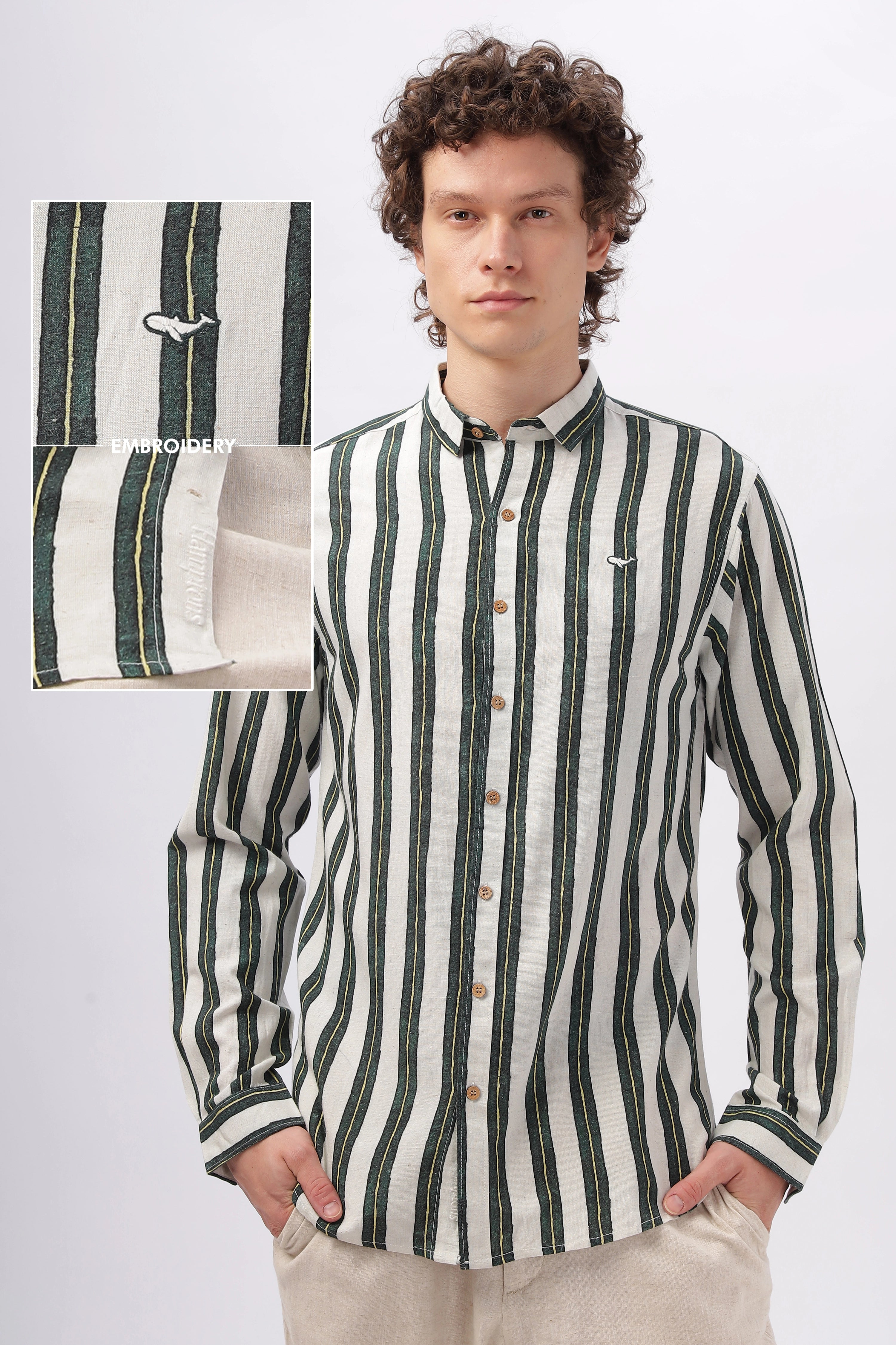 Poseidon Green Linen Stripes Shirt