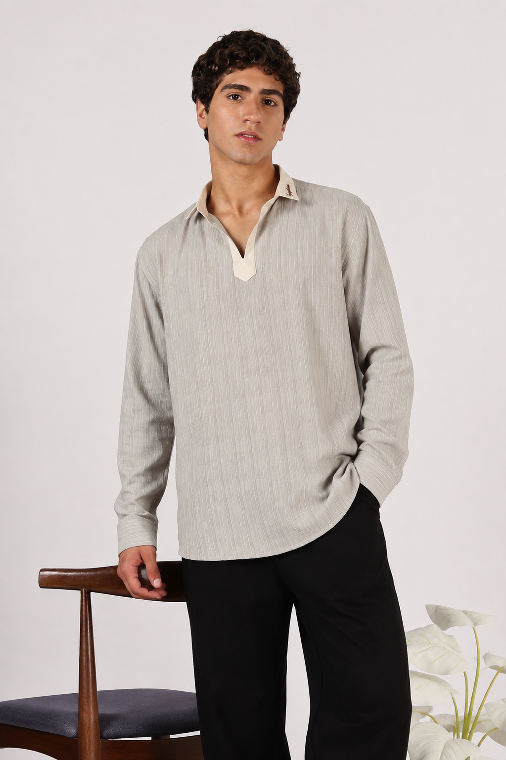 Drift Weave Johnny Collar Cotton Regular Fit Grey Henley Striped Shirt