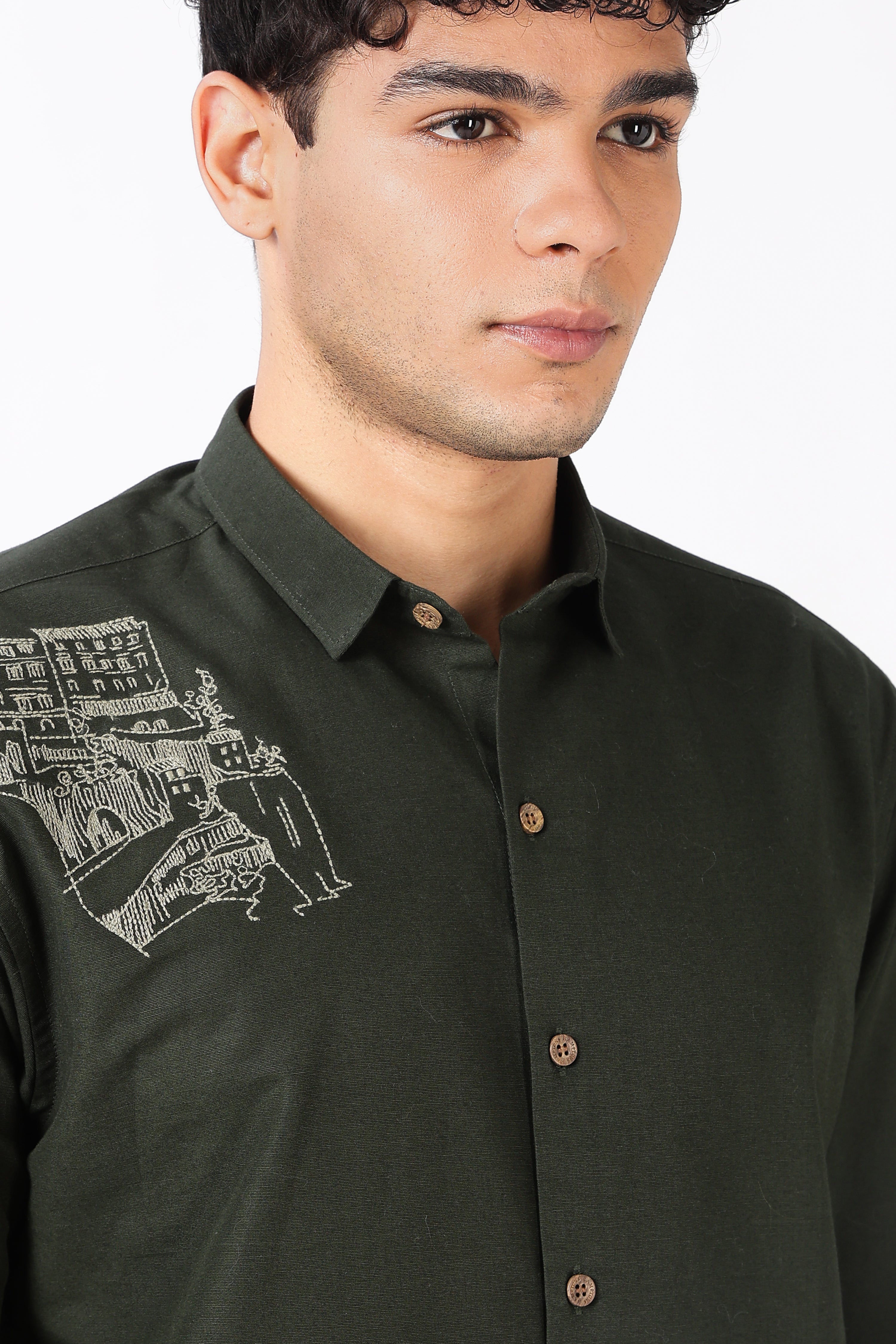 Italian Map Cotton Regular Fit Olive Embroidered Shirt