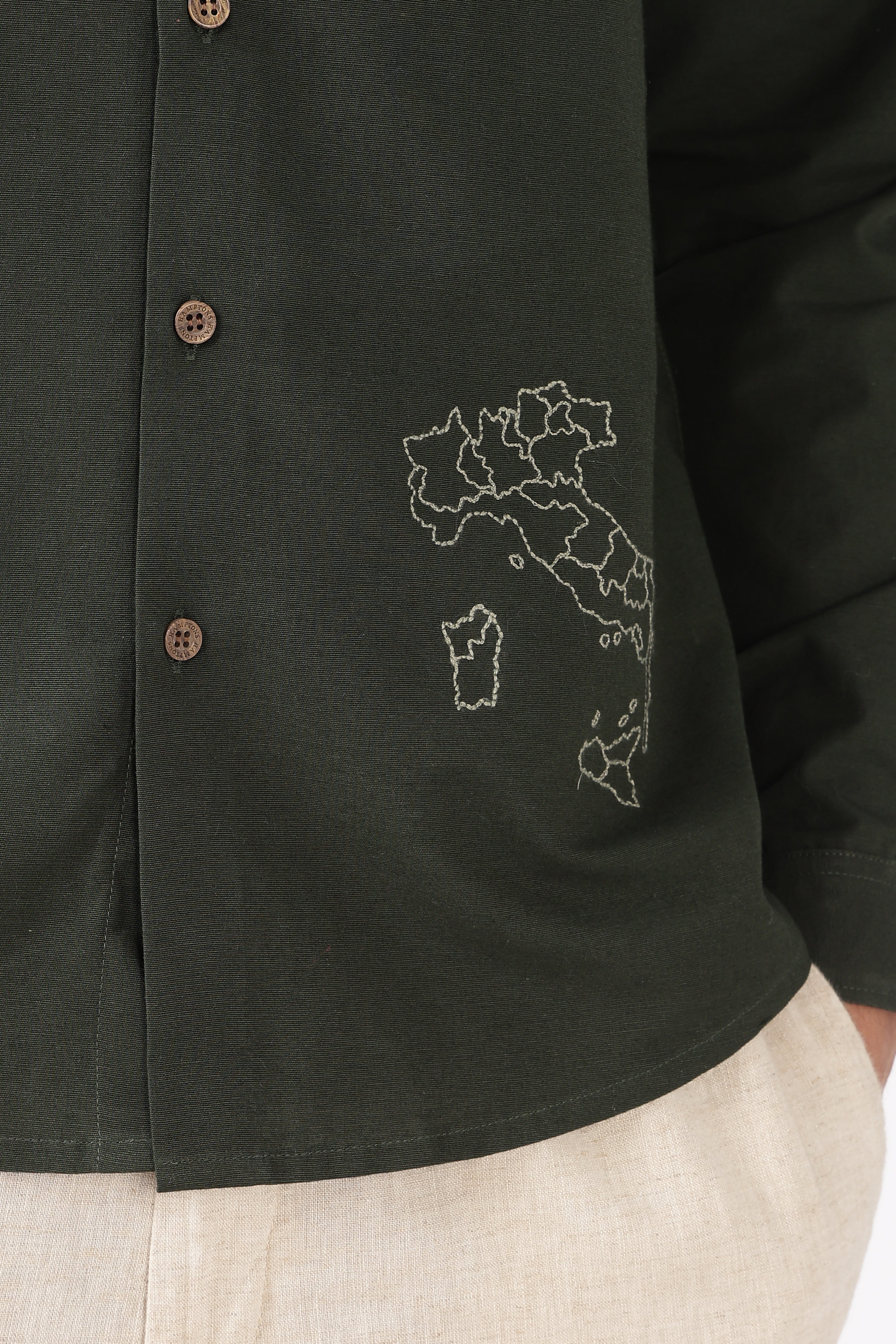 Italian Map Cotton Regular Fit Olive Embroidered Shirt