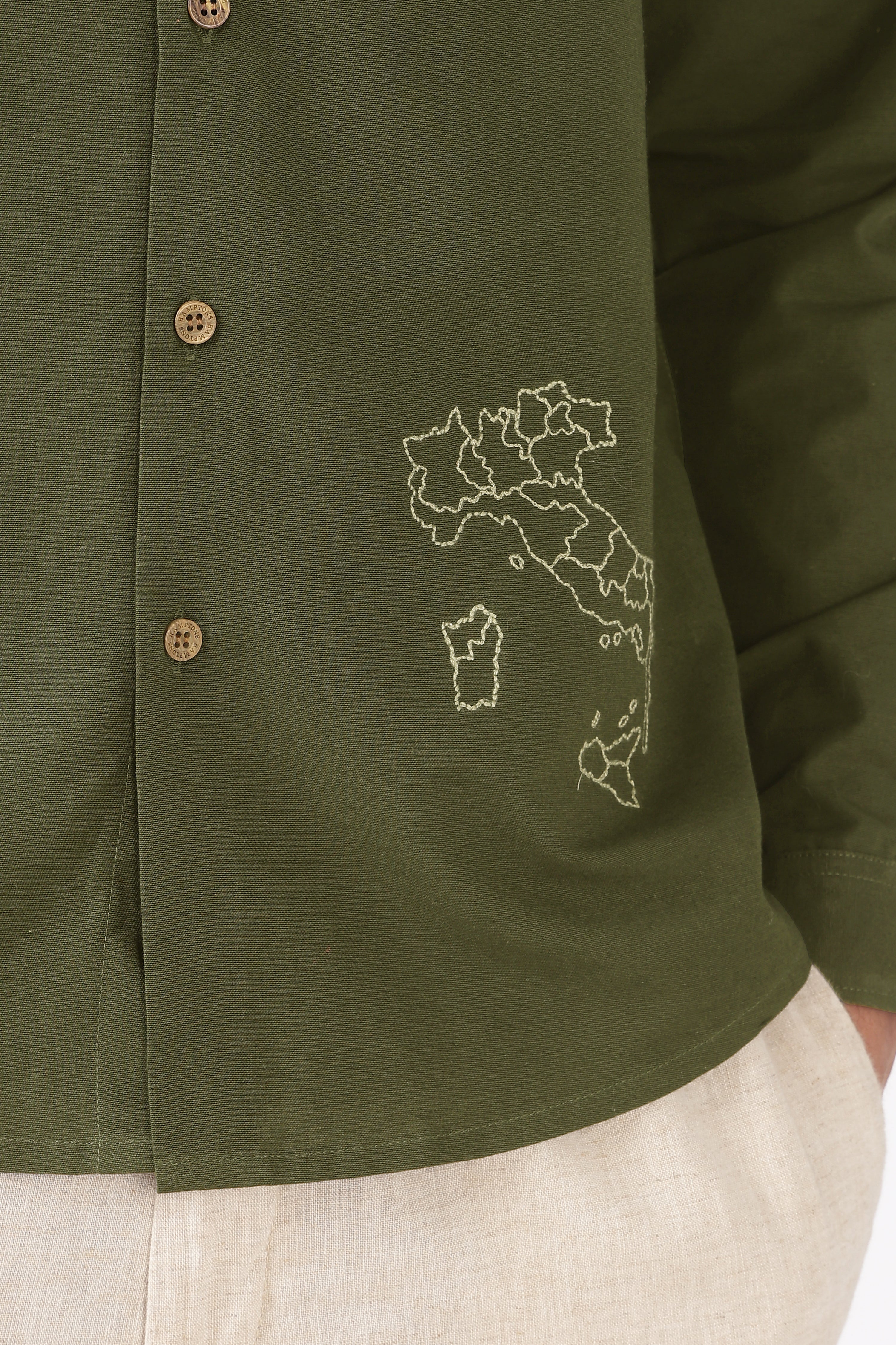 Italian Map Cotton Regular Fit Olive Embroidered Shirt