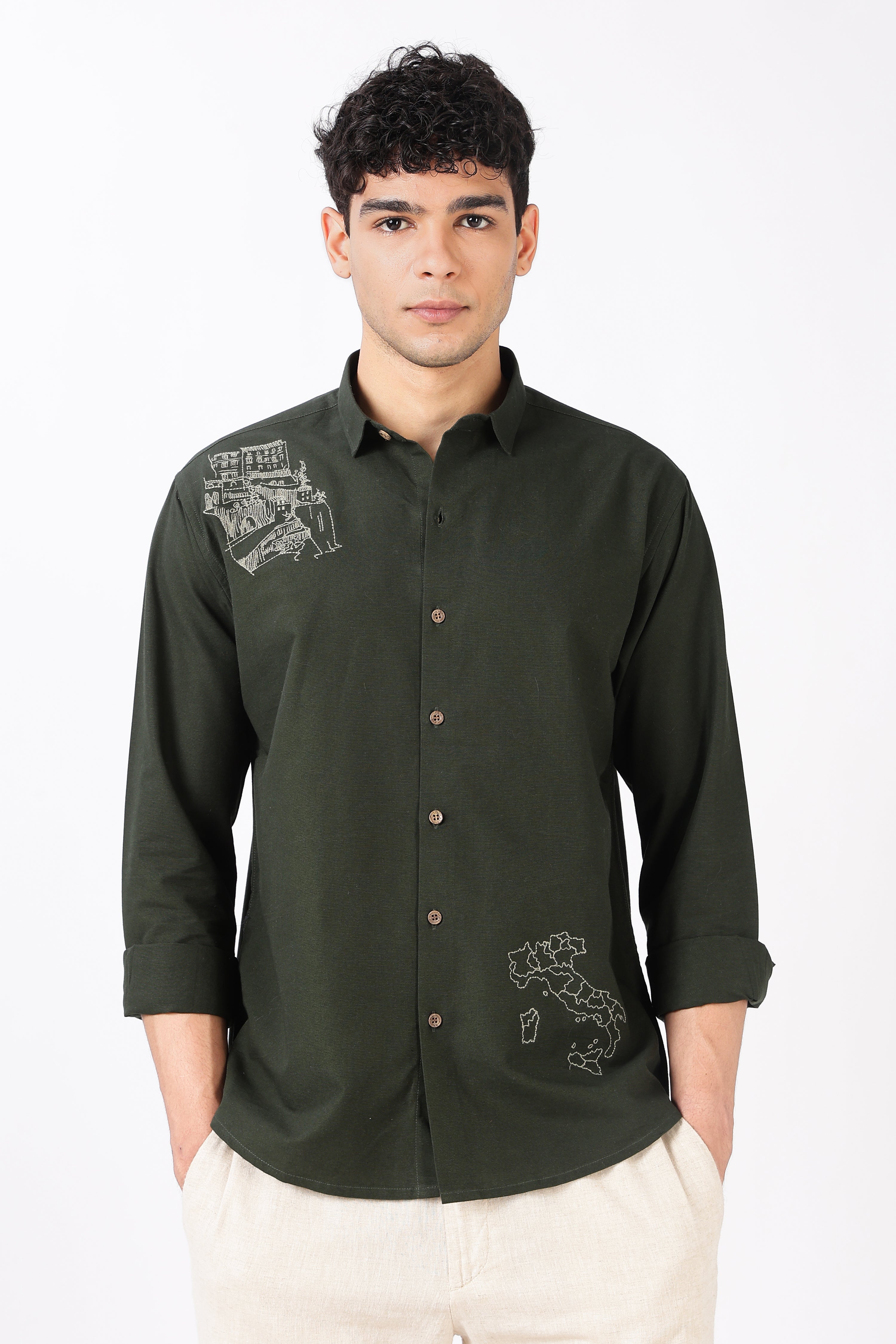 Italian Map Cotton Regular Fit Olive Embroidered Shirt