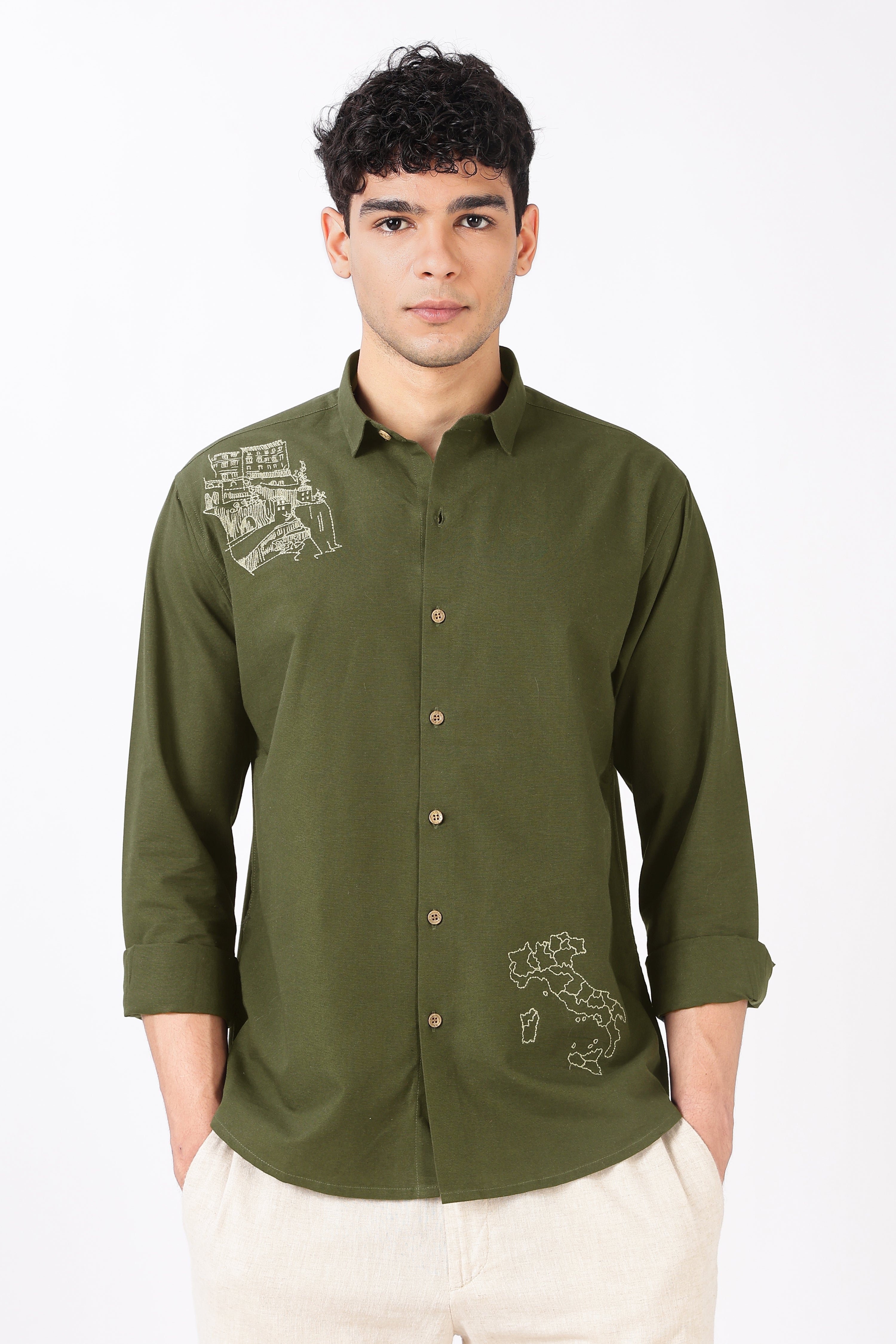 Italian Map Cotton Regular Fit Olive Embroidered Shirt