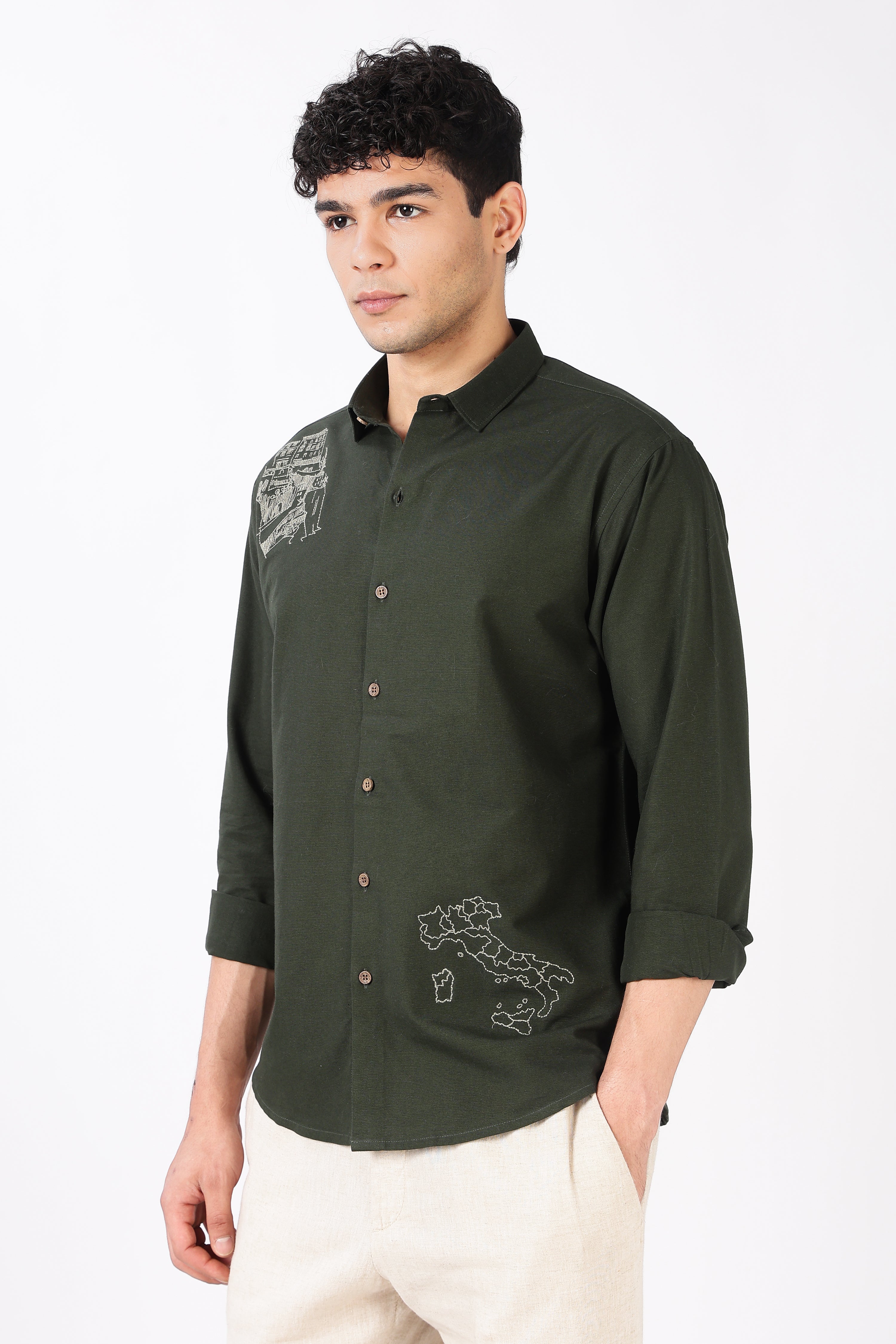 Italian Map Cotton Regular Fit Olive Embroidered Shirt