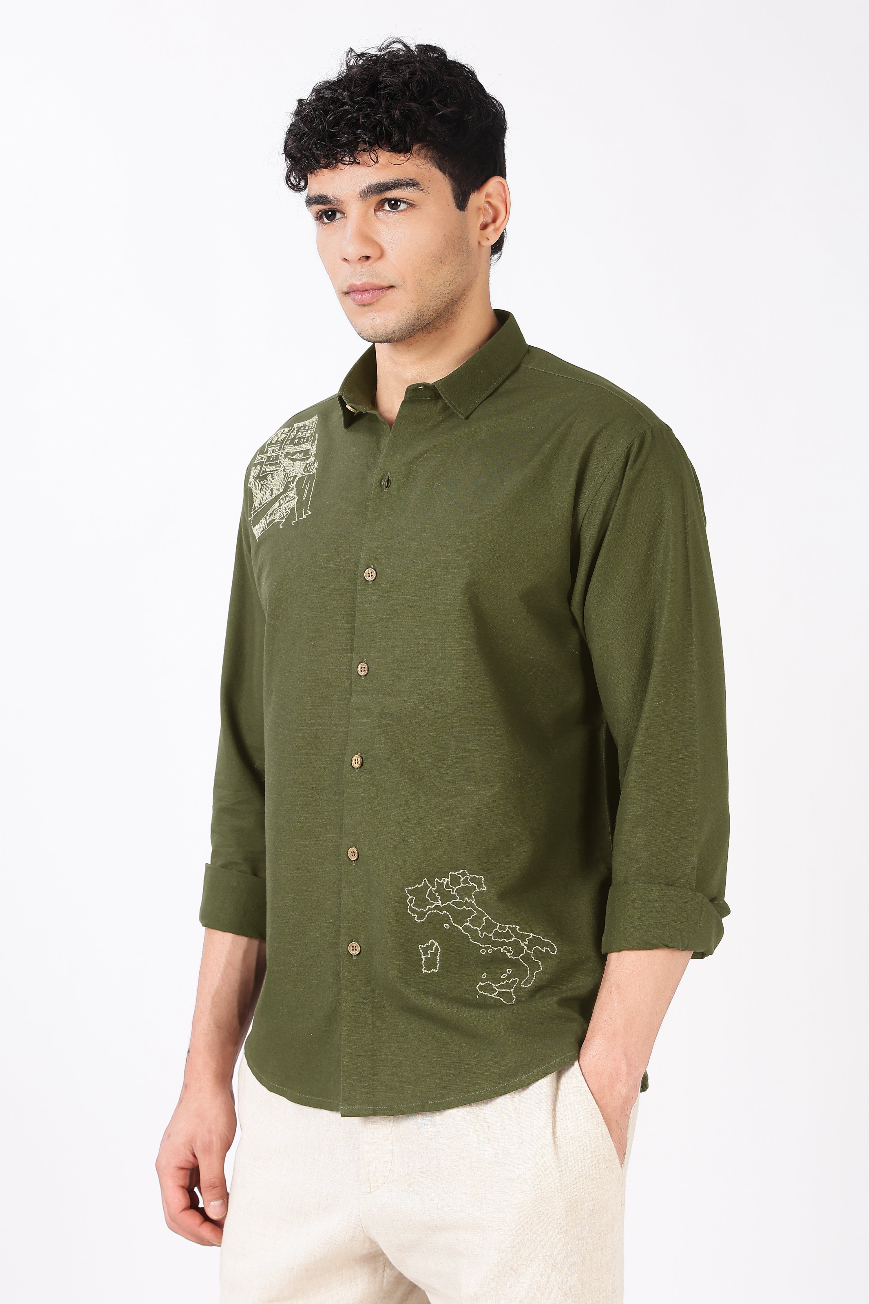 Italian Map Cotton Regular Fit Olive Embroidered Shirt