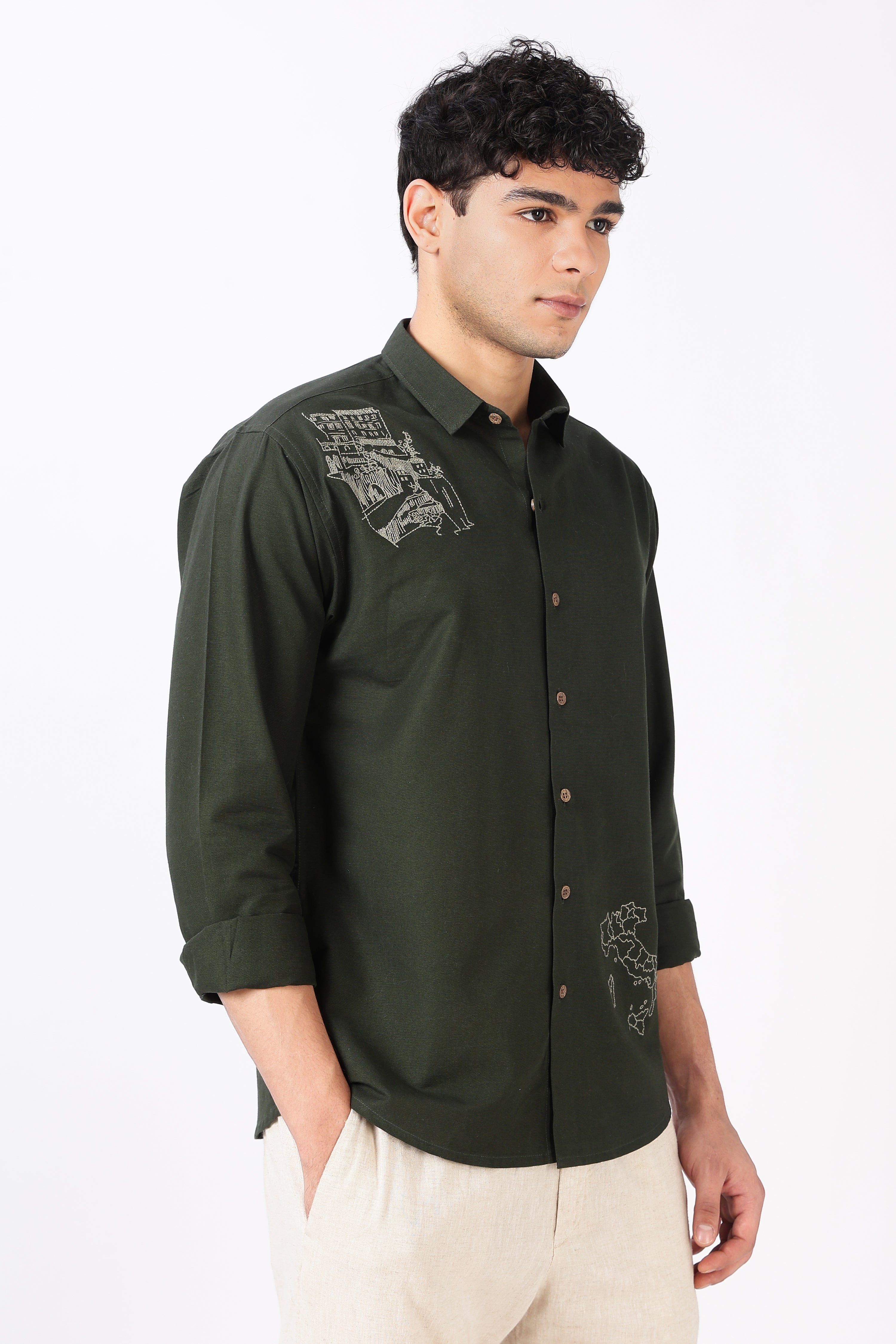 Italian Map Cotton Regular Fit Olive Embroidered Shirt