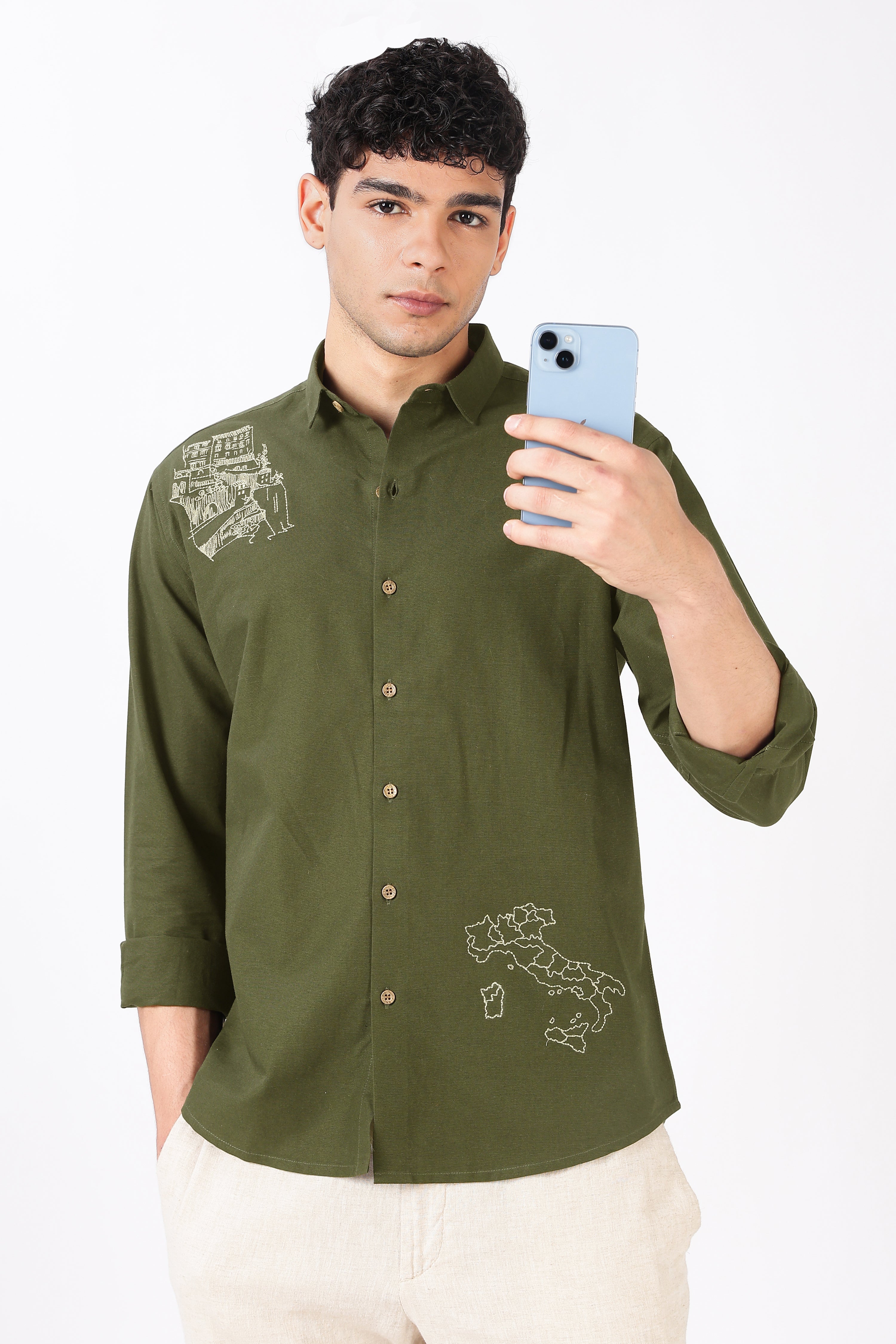 Italian Map Cotton Regular Fit Olive Embroidered Shirt