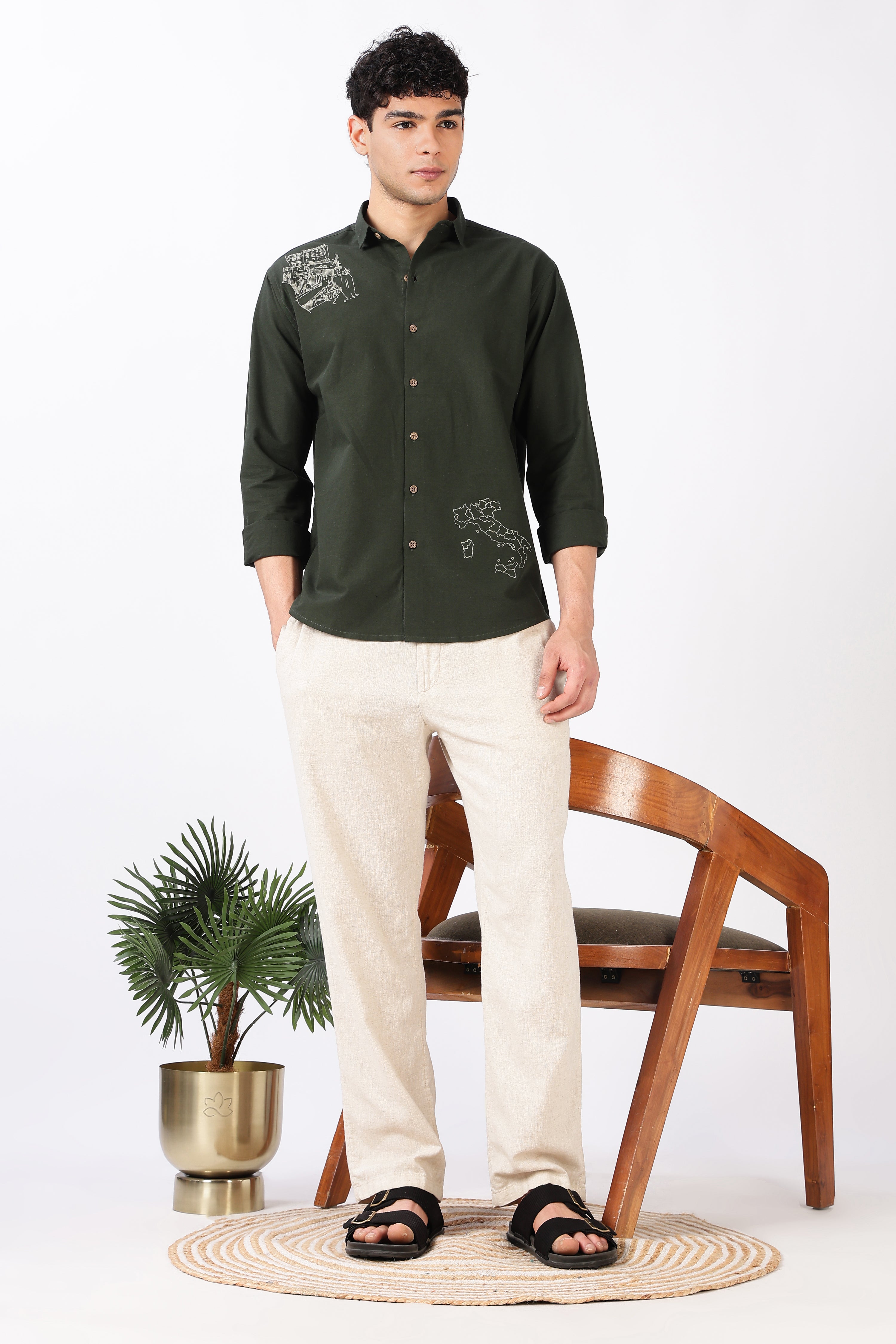 Italian Map Cotton Regular Fit Olive Embroidered Shirt