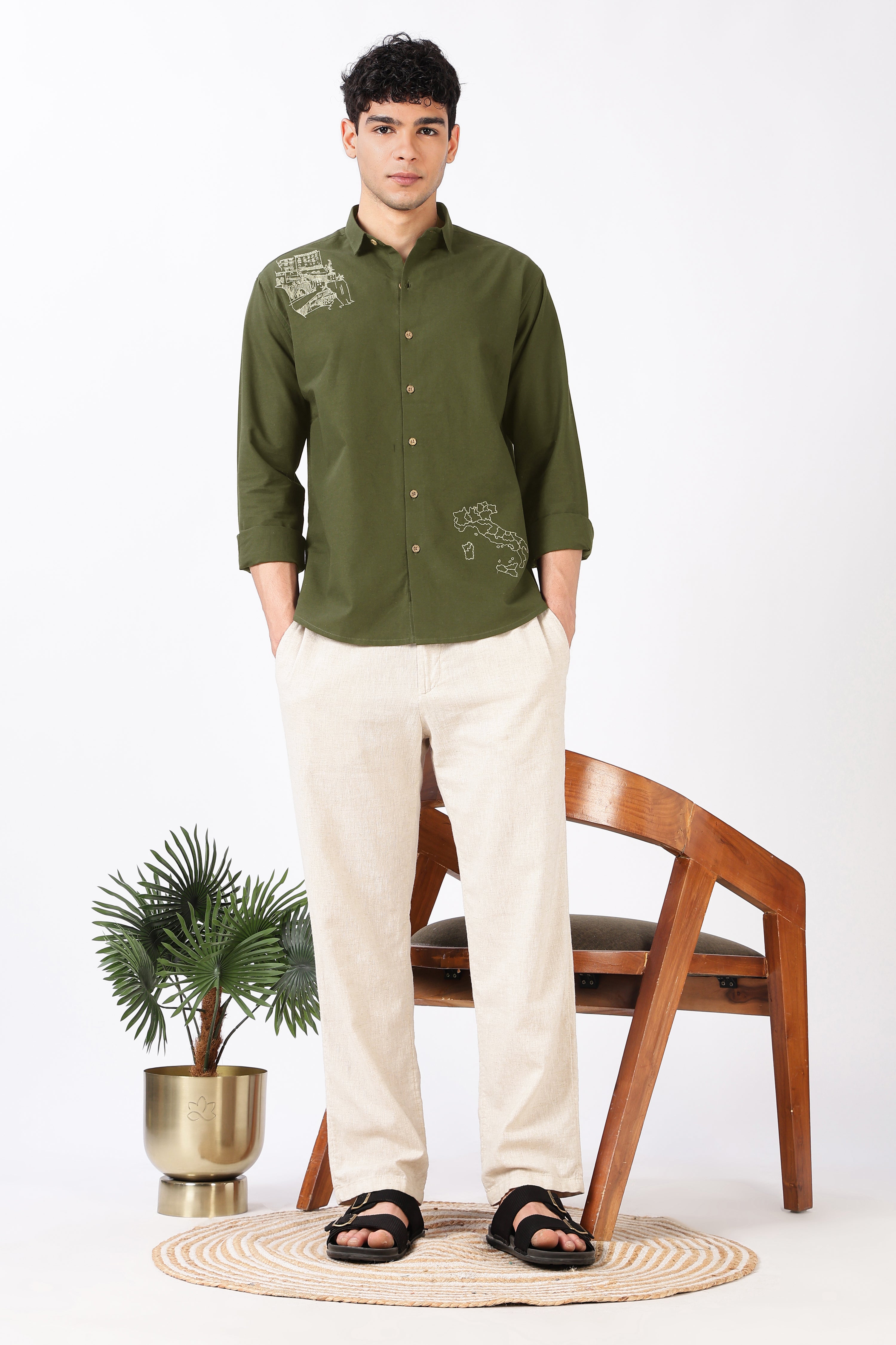 Italian Map Cotton Regular Fit Olive Embroidered Shirt