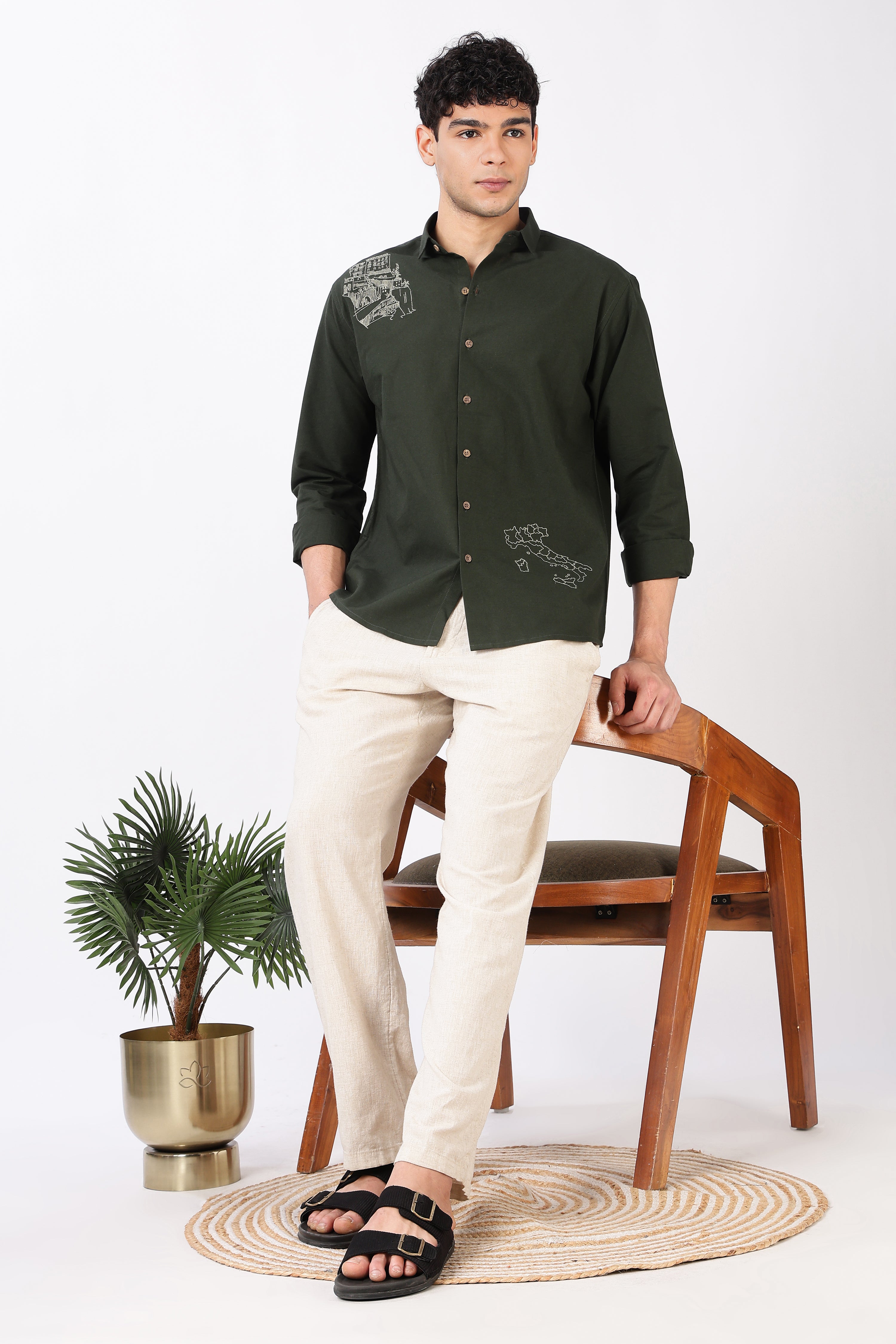 Italian Map Cotton Regular Fit Olive Embroidered Shirt