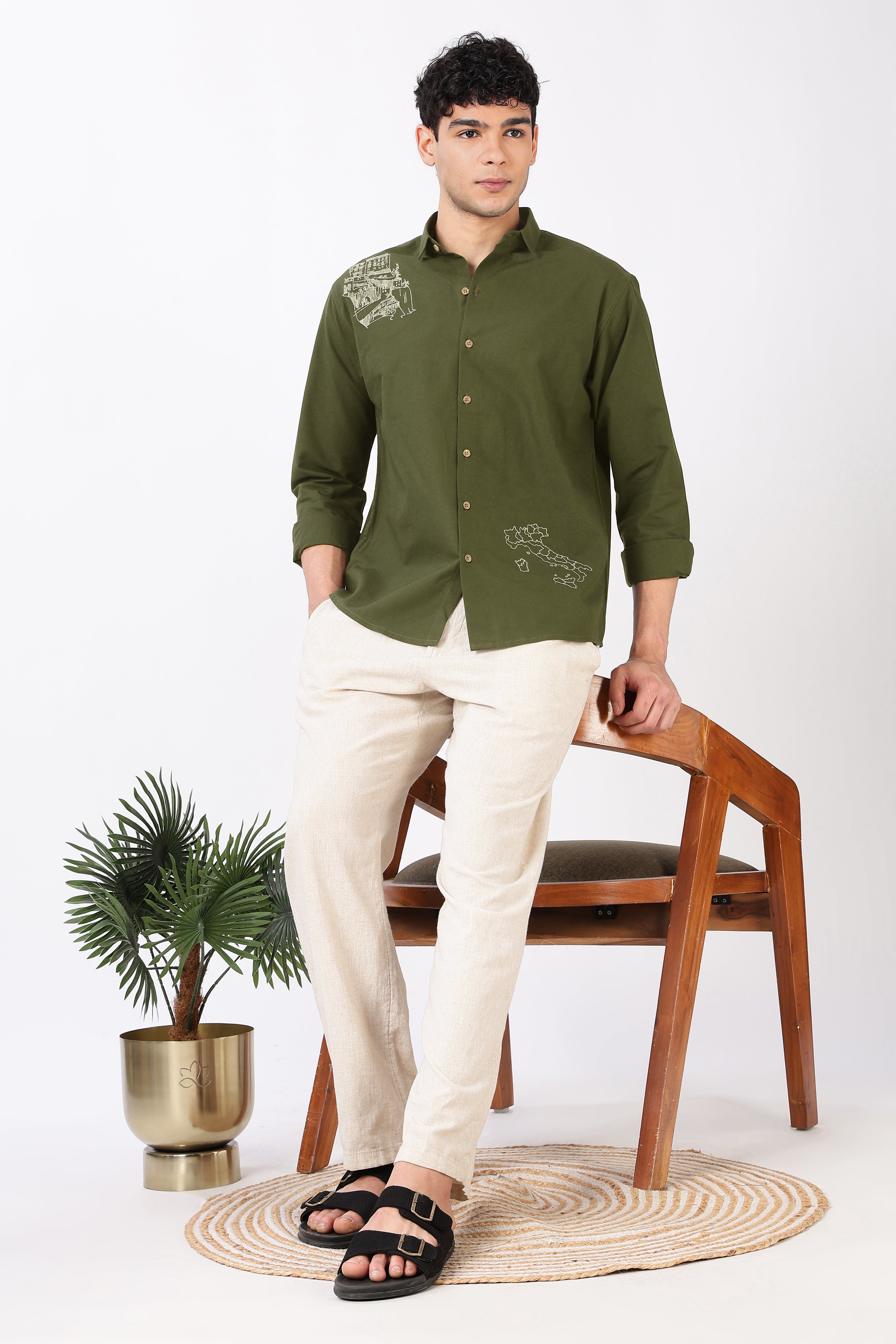 Italian Map Cotton Regular Fit Olive Embroidered Shirt