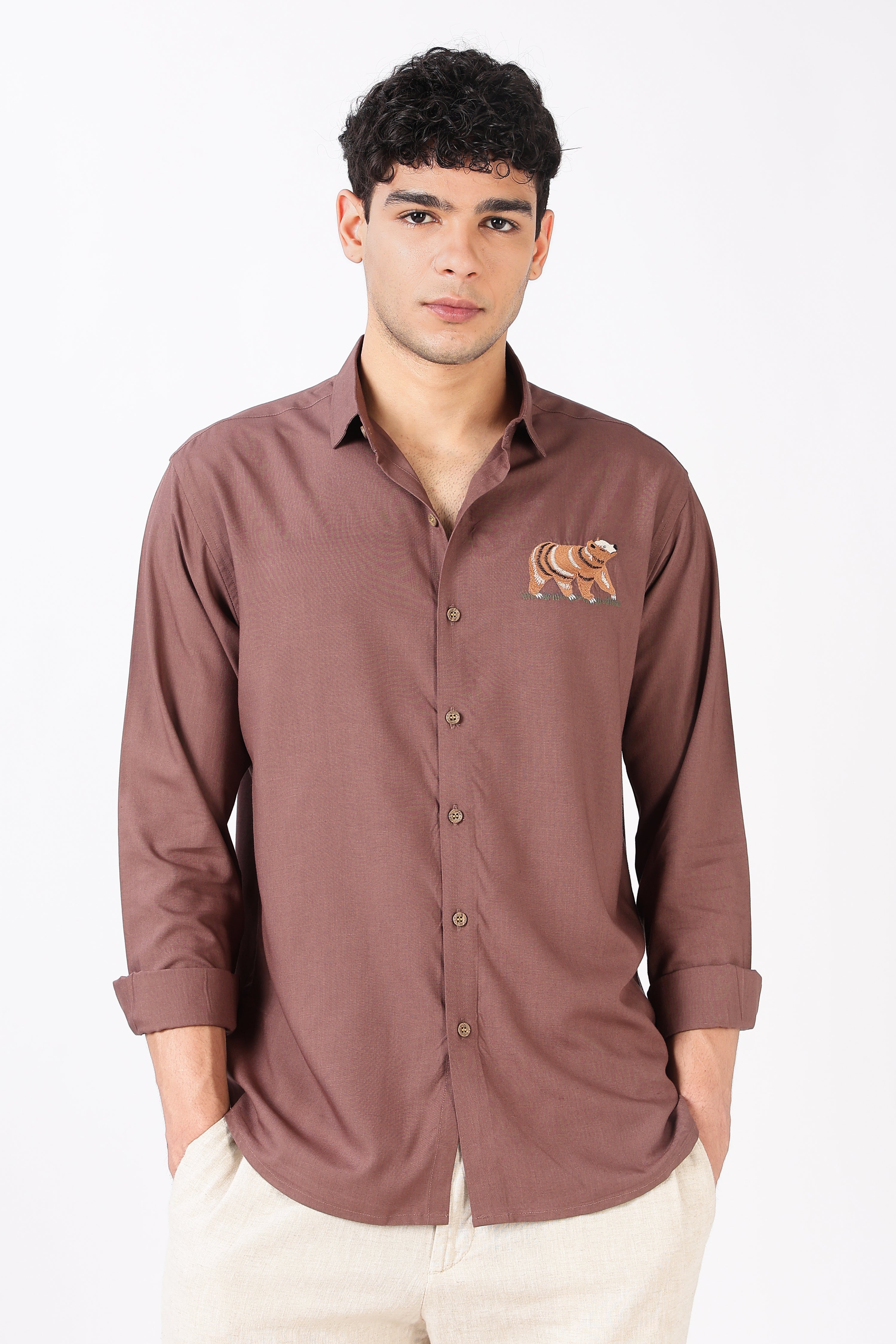 Woodland Bear Cotton Regular Fit Pink Embroidered Shirt