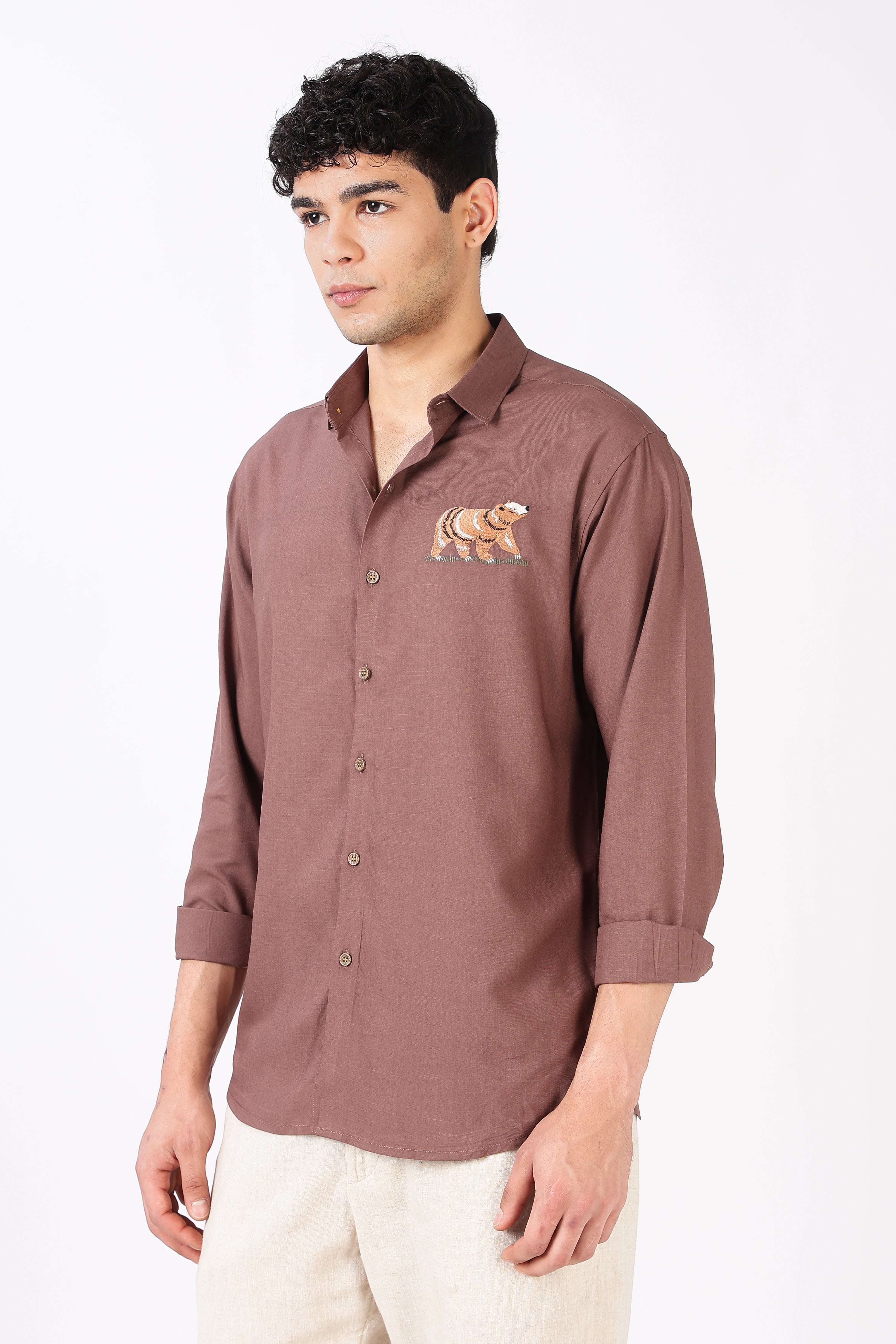 Woodland Bear Cotton Regular Fit Pink Embroidered Shirt