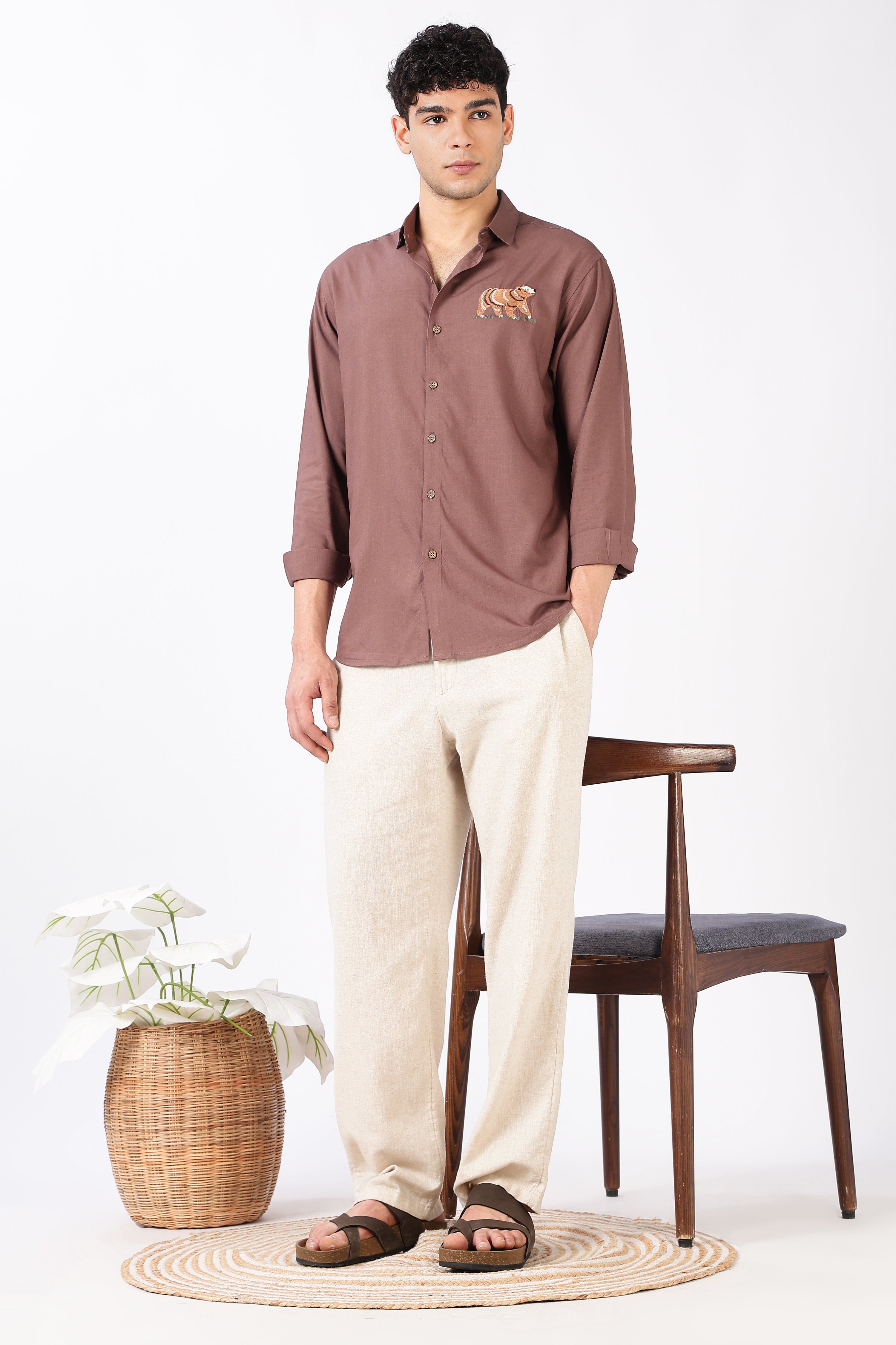 Woodland Bear Cotton Regular Fit Pink Embroidered Shirt