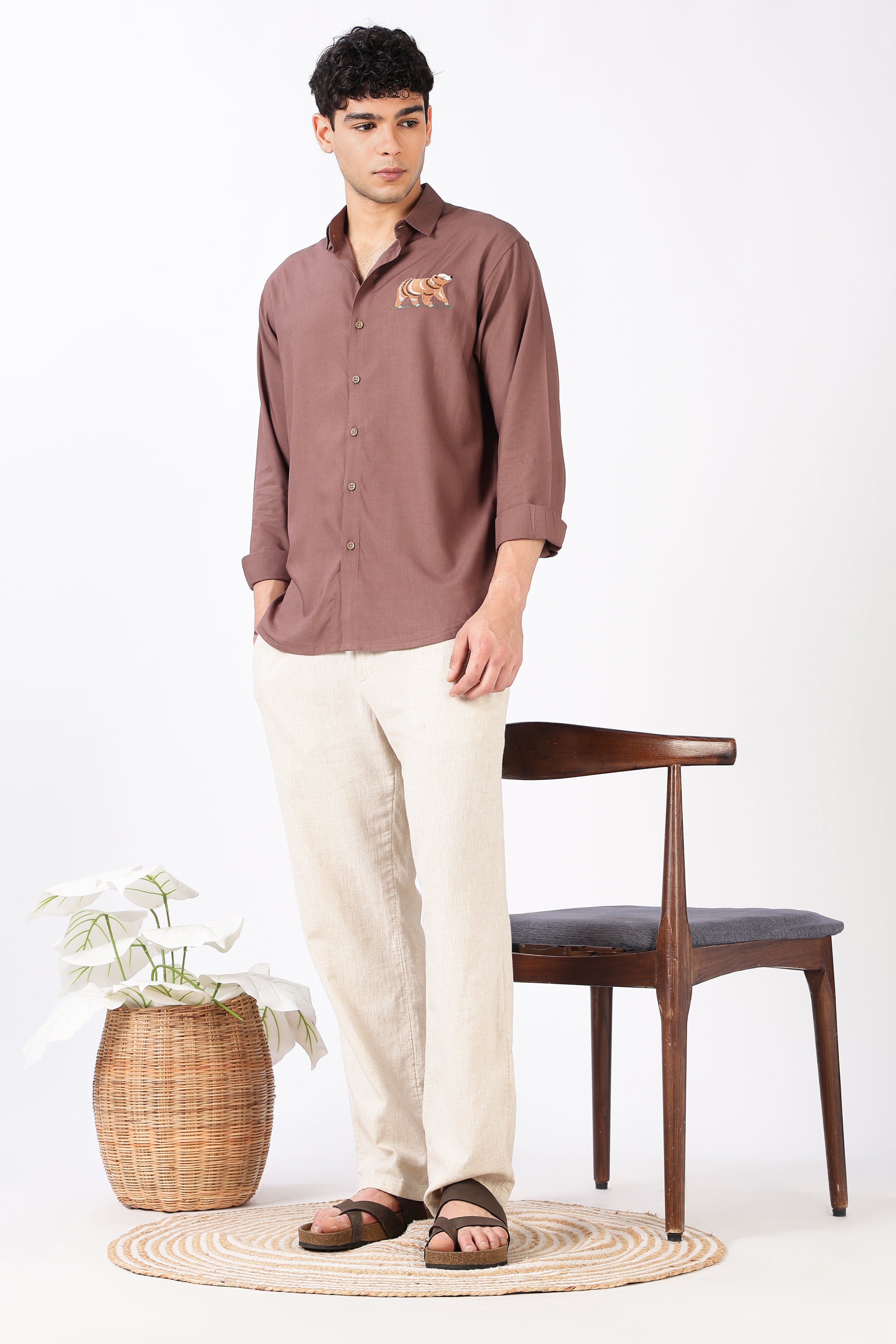 Woodland Bear Cotton Regular Fit Pink Embroidered Shirt