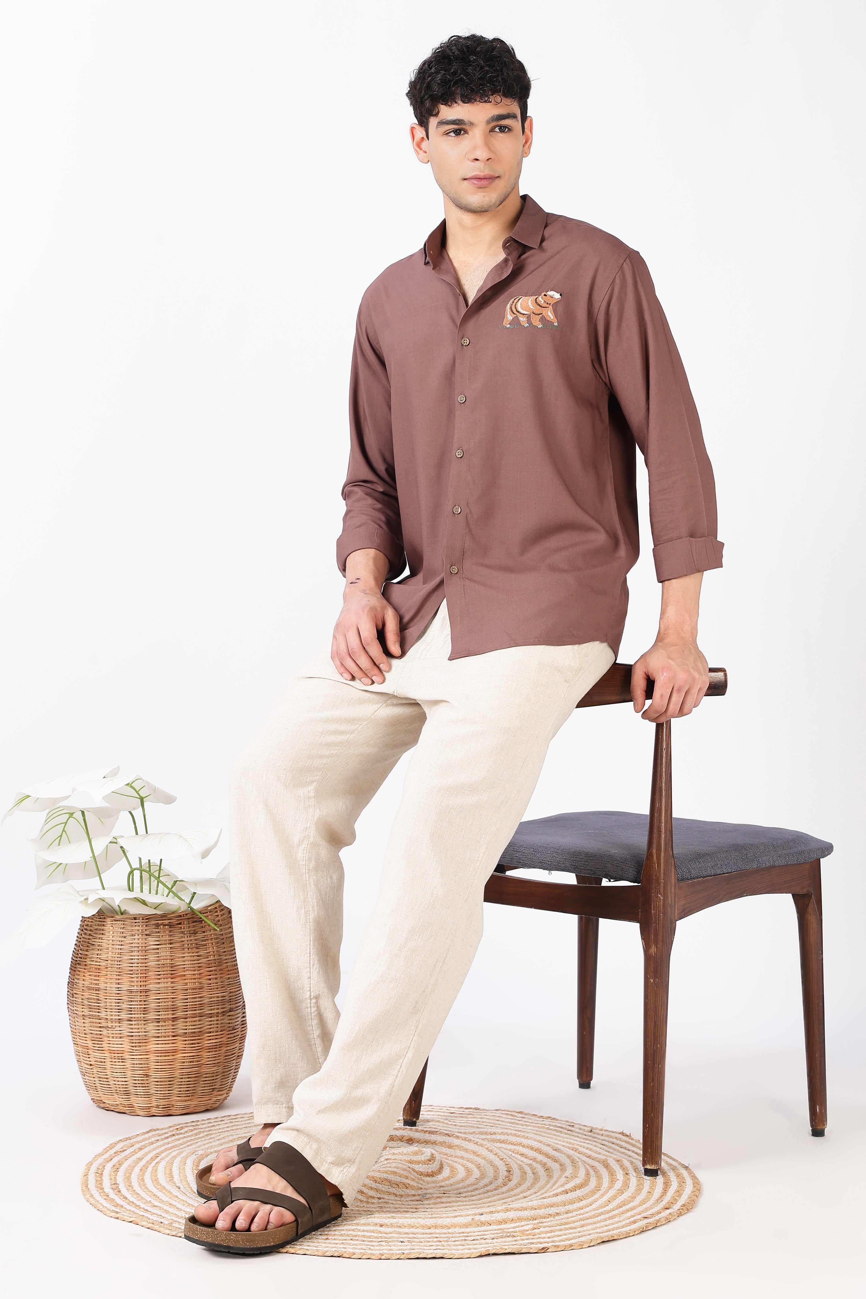 Woodland Bear Cotton Regular Fit Pink Embroidered Shirt