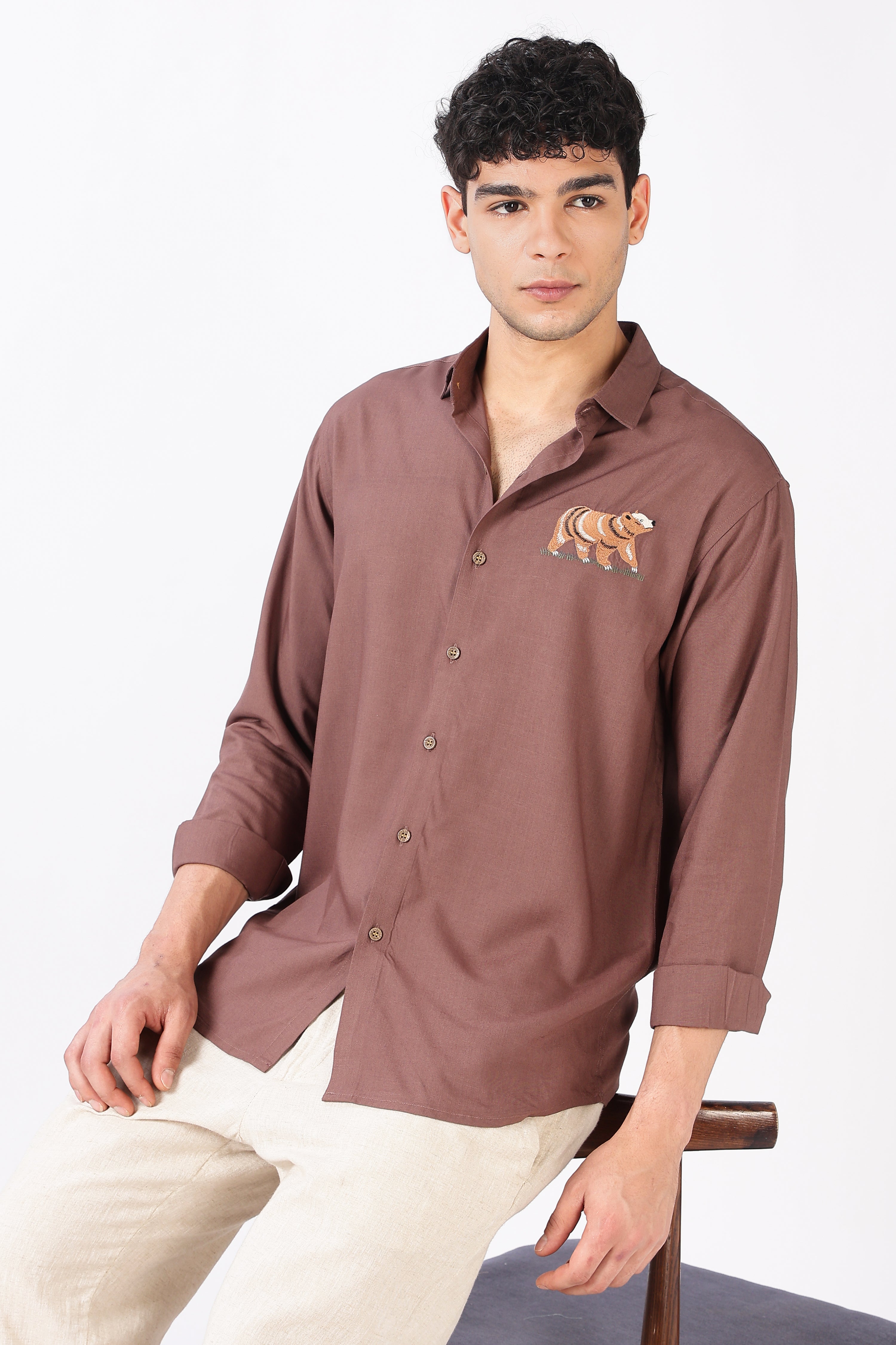 Woodland Bear Cotton Regular Fit Pink Embroidered Shirt