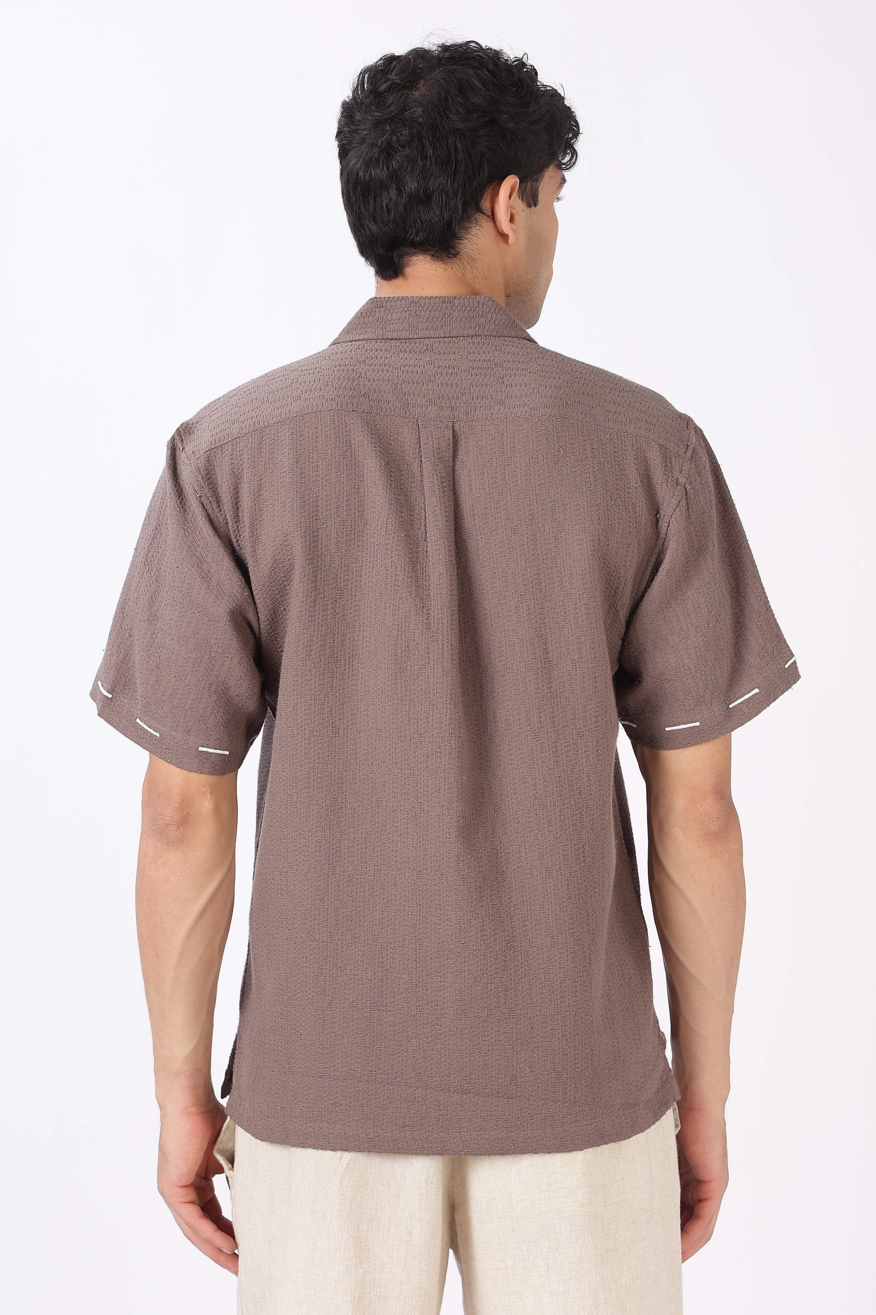 Roadtrip Reverie Box Fit Half Sleeve Taupe Brown Embroidered Shirt