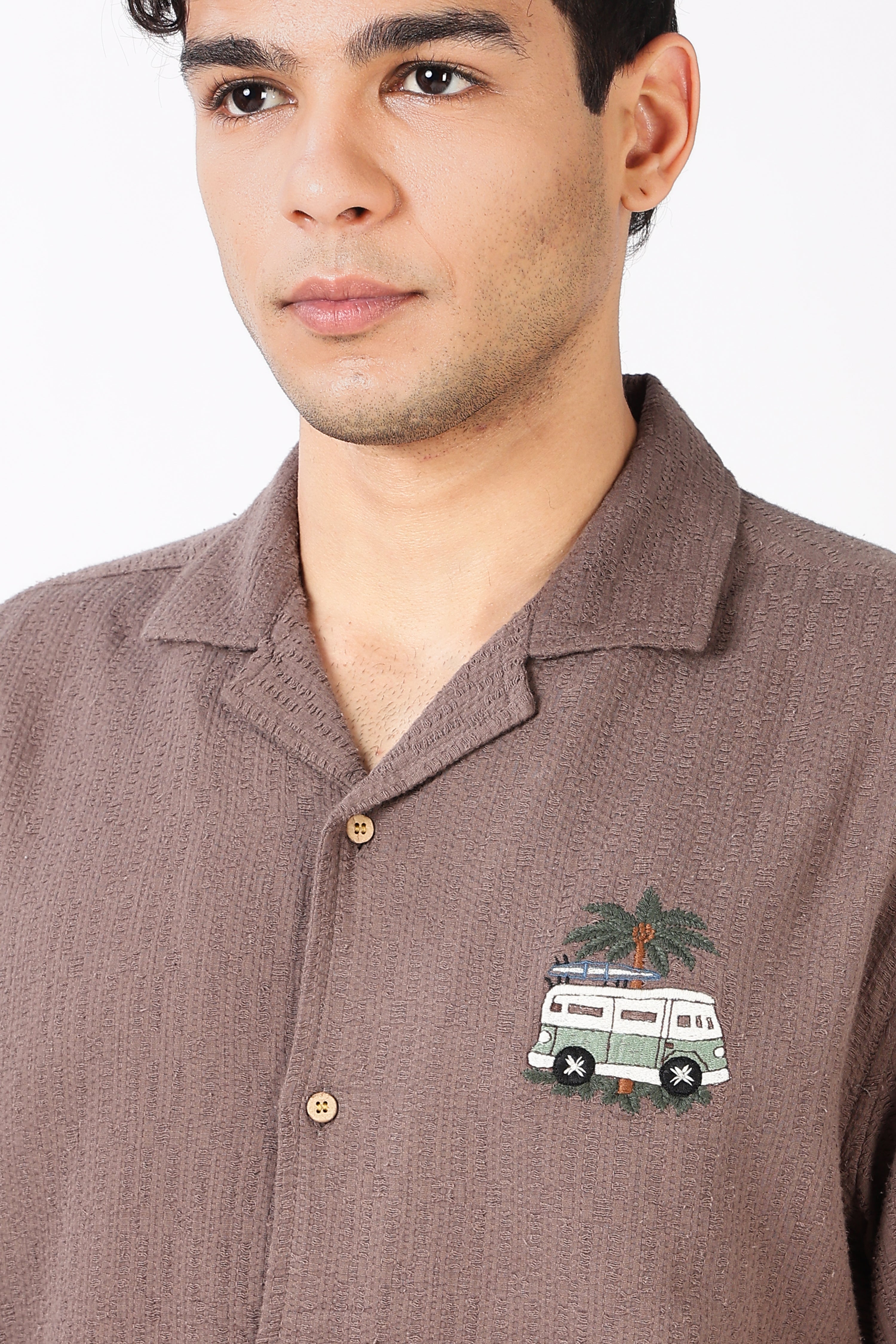Roadtrip Reverie Box Fit Half Sleeve Taupe Brown Embroidered Shirt