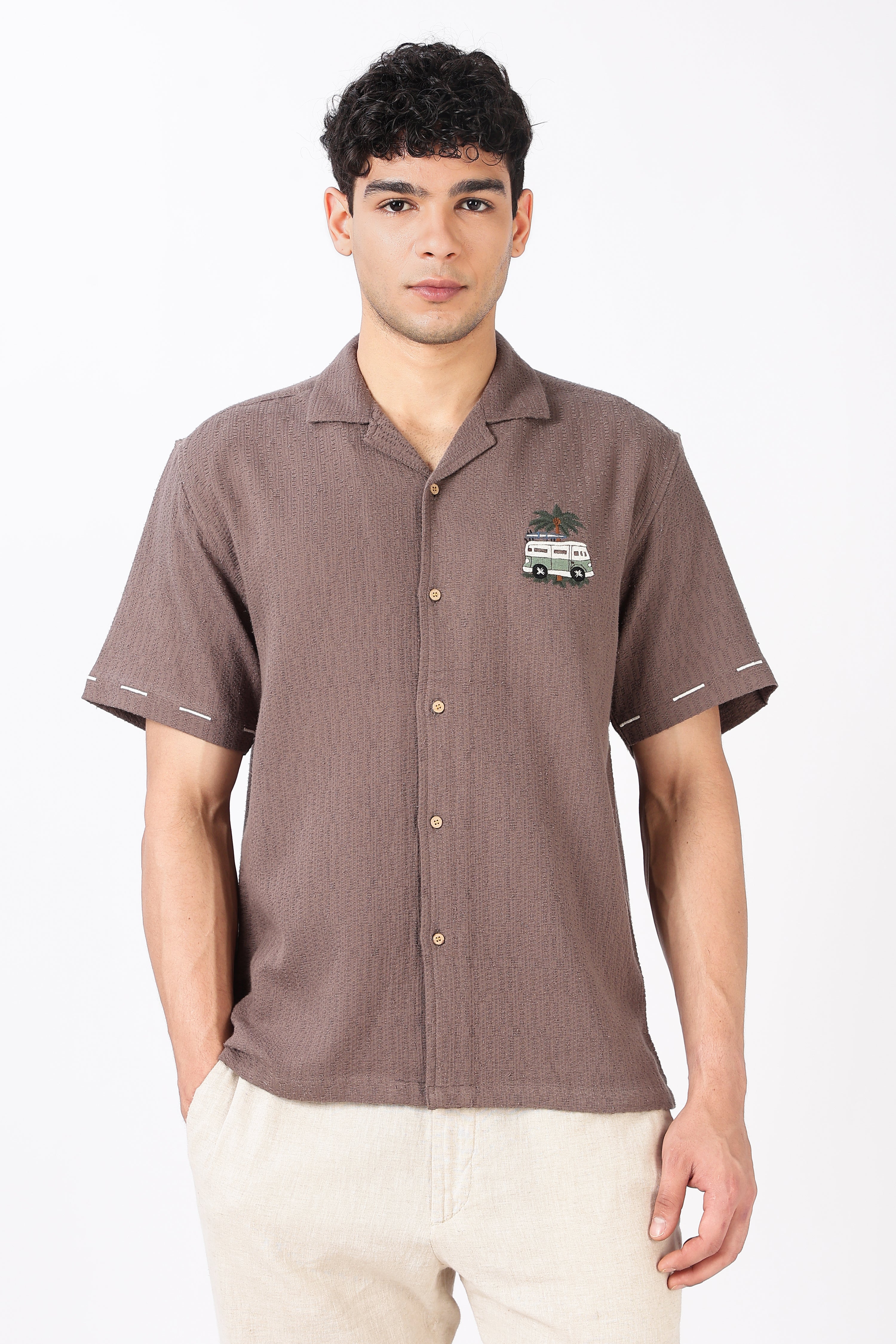 Roadtrip Reverie Box Fit Half Sleeve Taupe Brown Embroidered Shirt