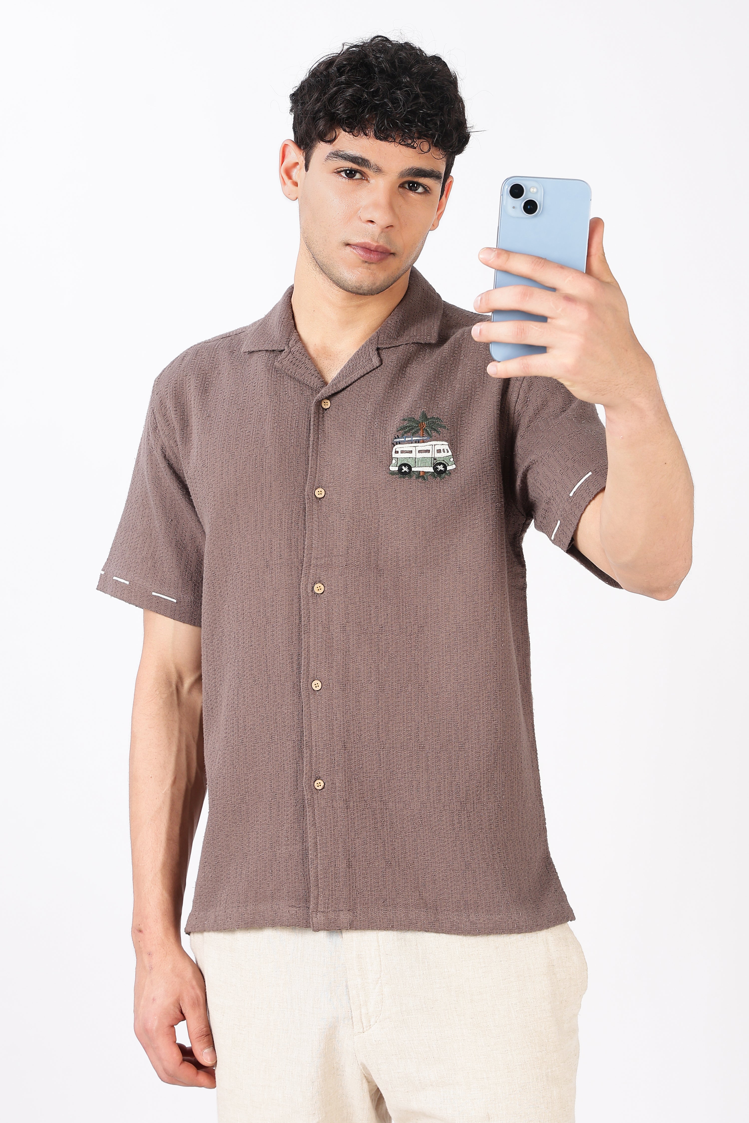 Roadtrip Reverie Box Fit Half Sleeve Taupe Brown Embroidered Shirt