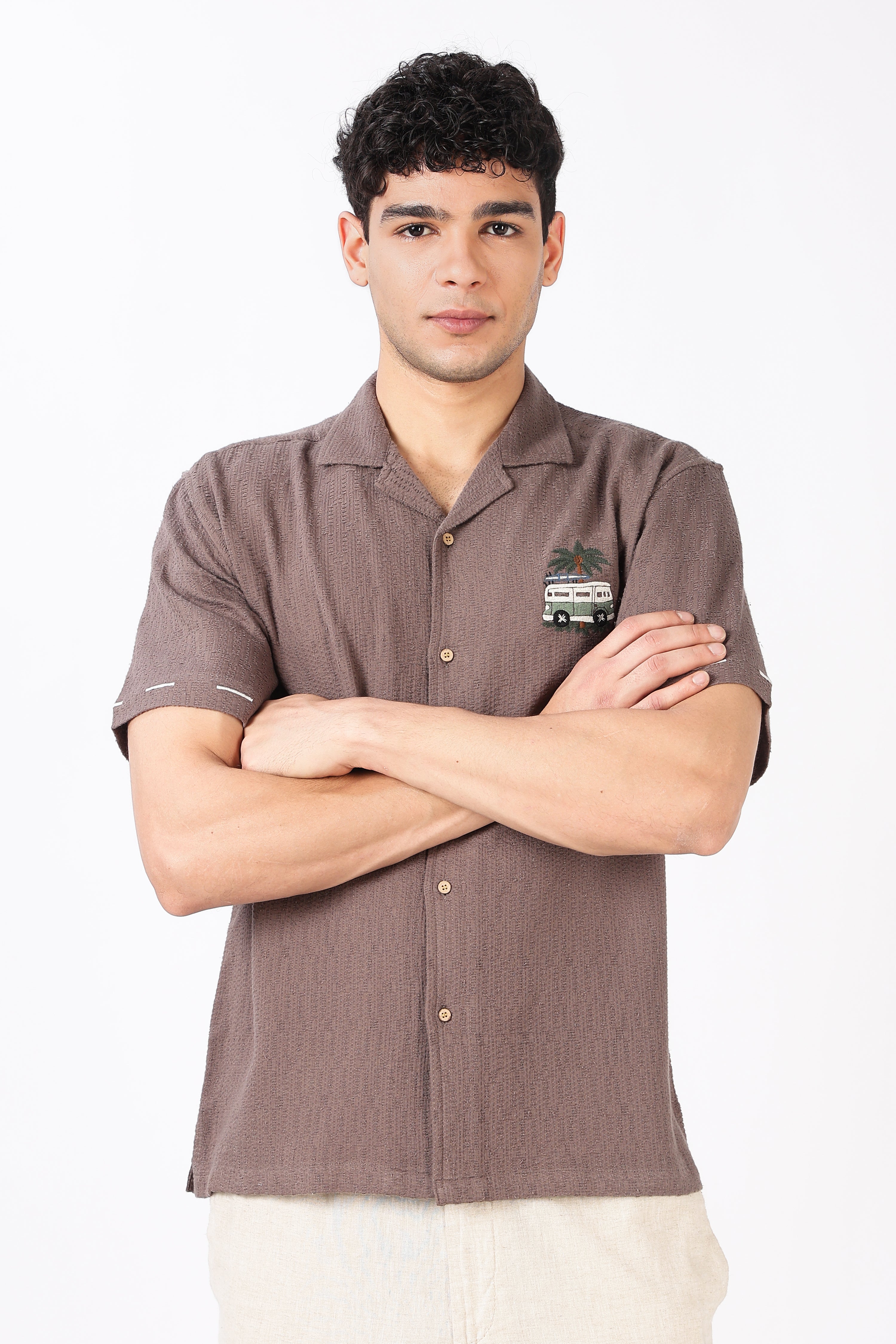 Roadtrip Reverie Box Fit Half Sleeve Taupe Brown Embroidered Shirt