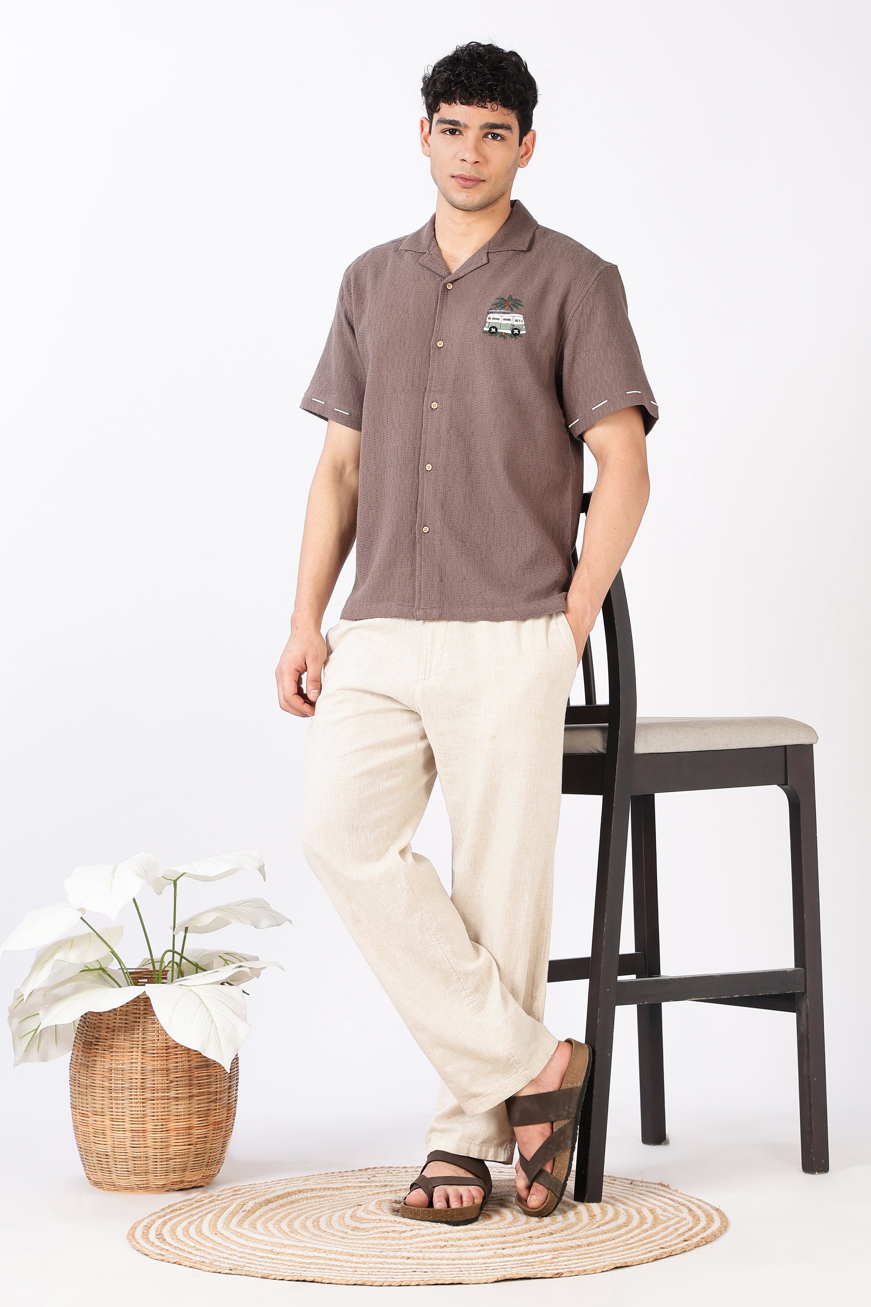 Roadtrip Reverie Box Fit Half Sleeve Taupe Brown Embroidered Shirt