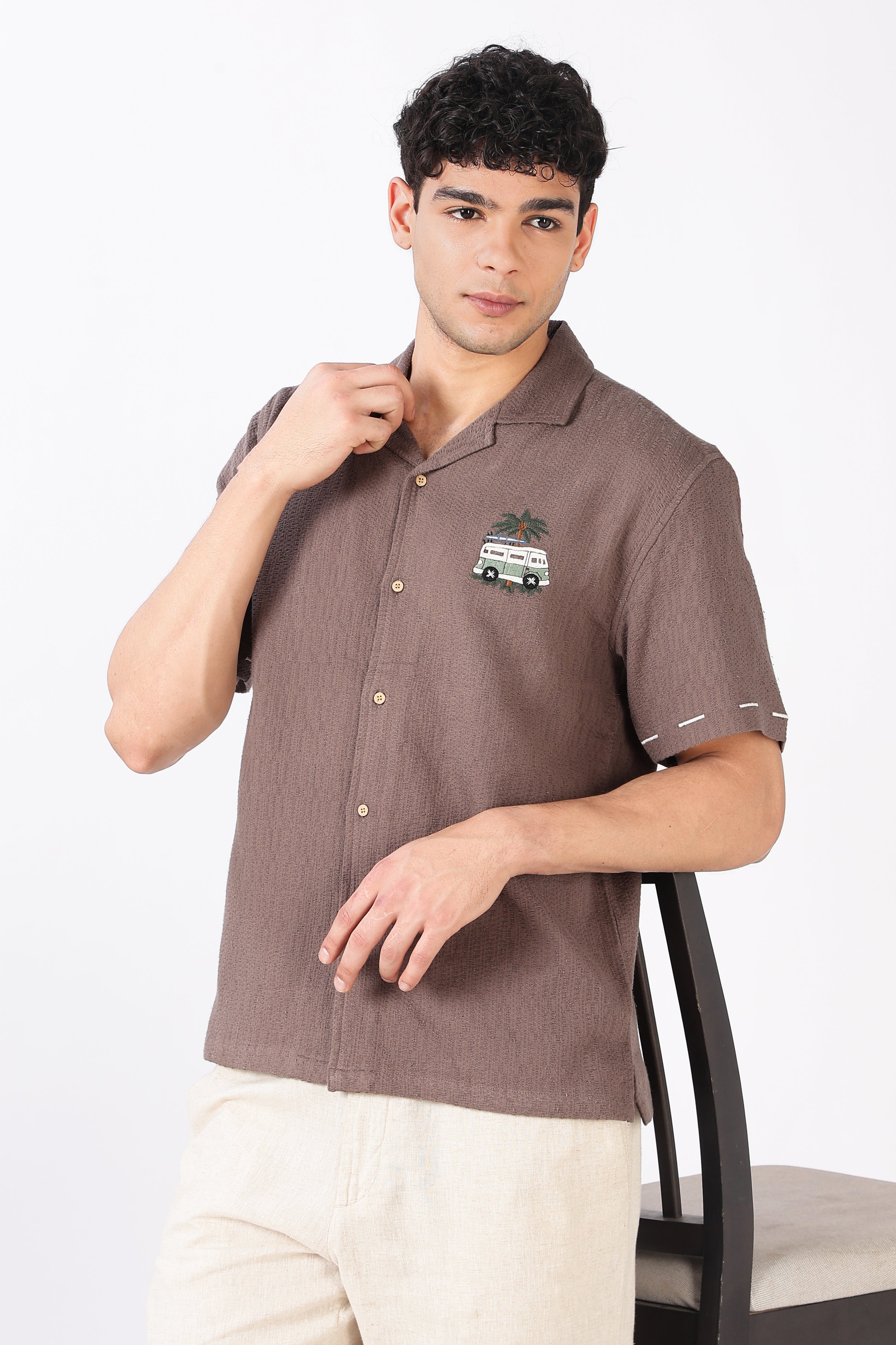 Roadtrip Reverie Box Fit Half Sleeve Taupe Brown Embroidered Shirt