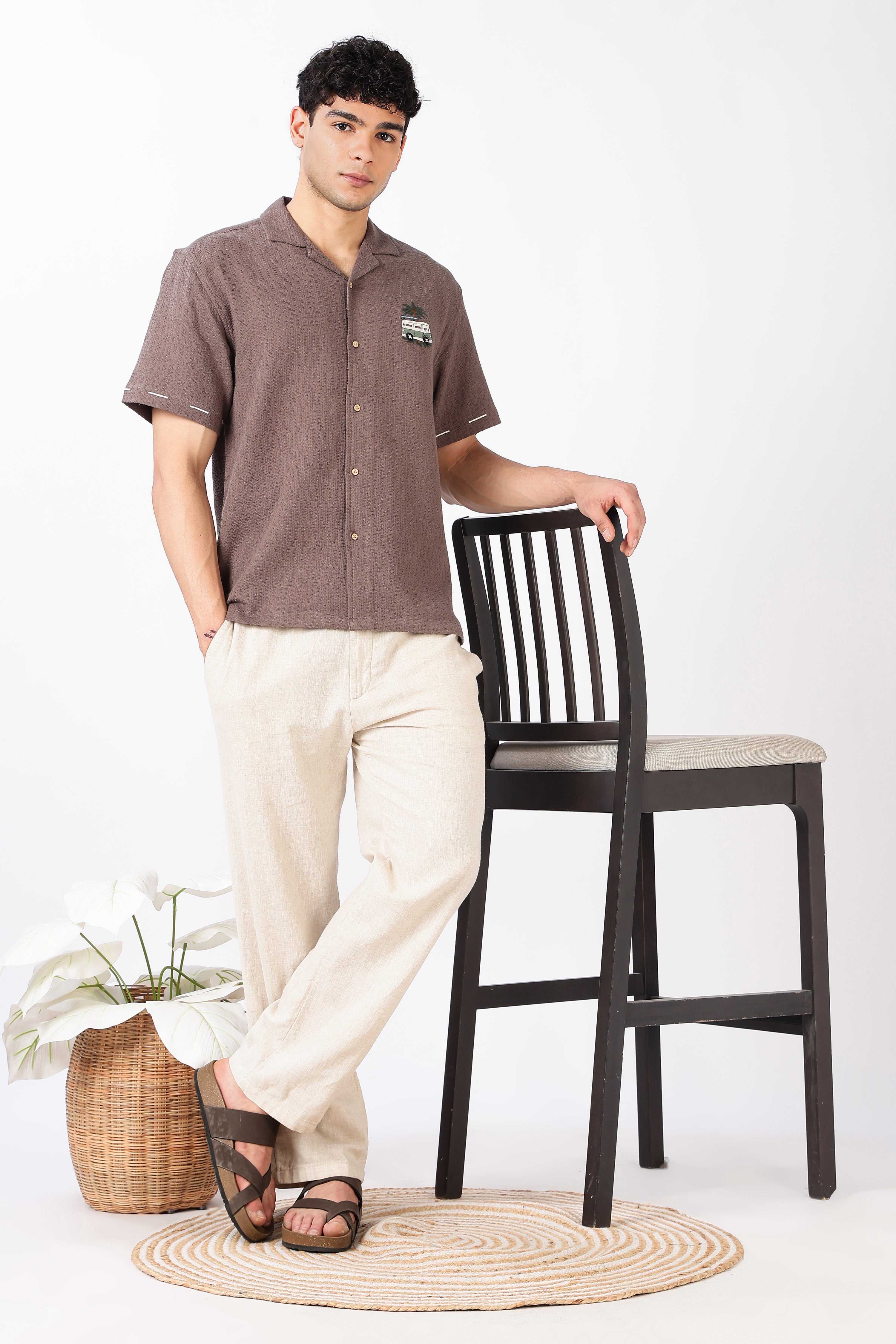 Roadtrip Reverie Box Fit Half Sleeve Taupe Brown Embroidered Shirt