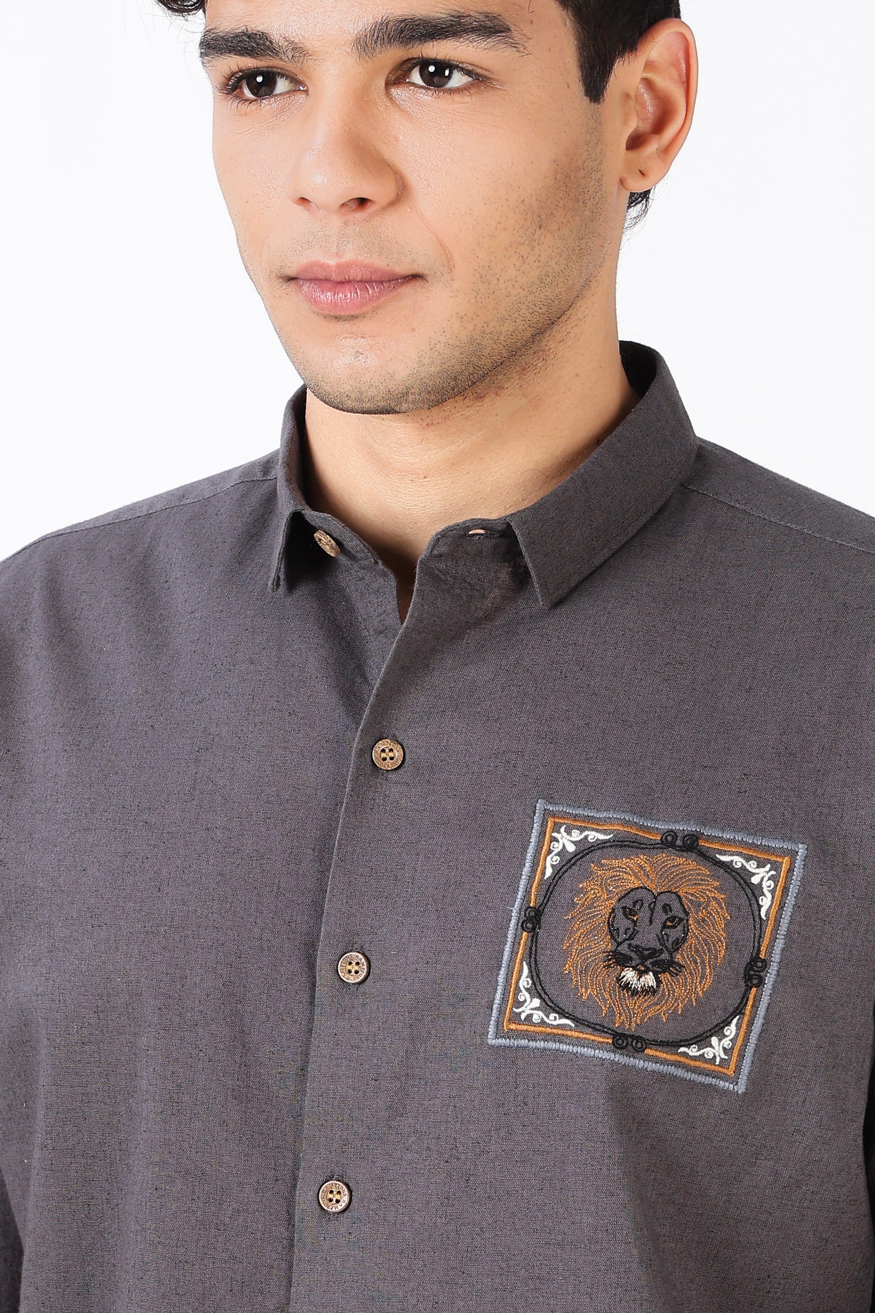 Regal Lion Cotton Regular Fit Gray Charcoal Embroidered Shirt