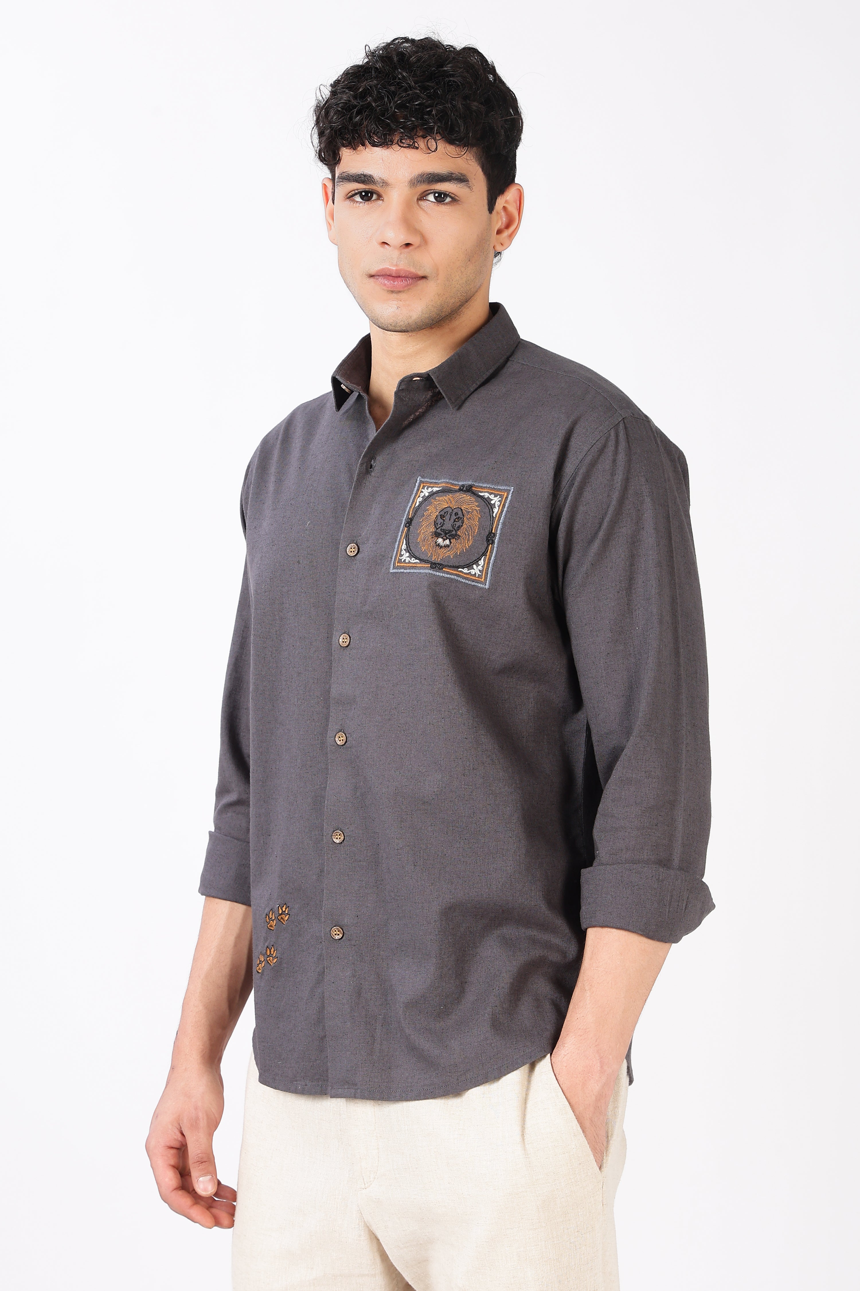 Regal Lion Cotton Regular Fit Gray Charcoal Embroidered Shirt