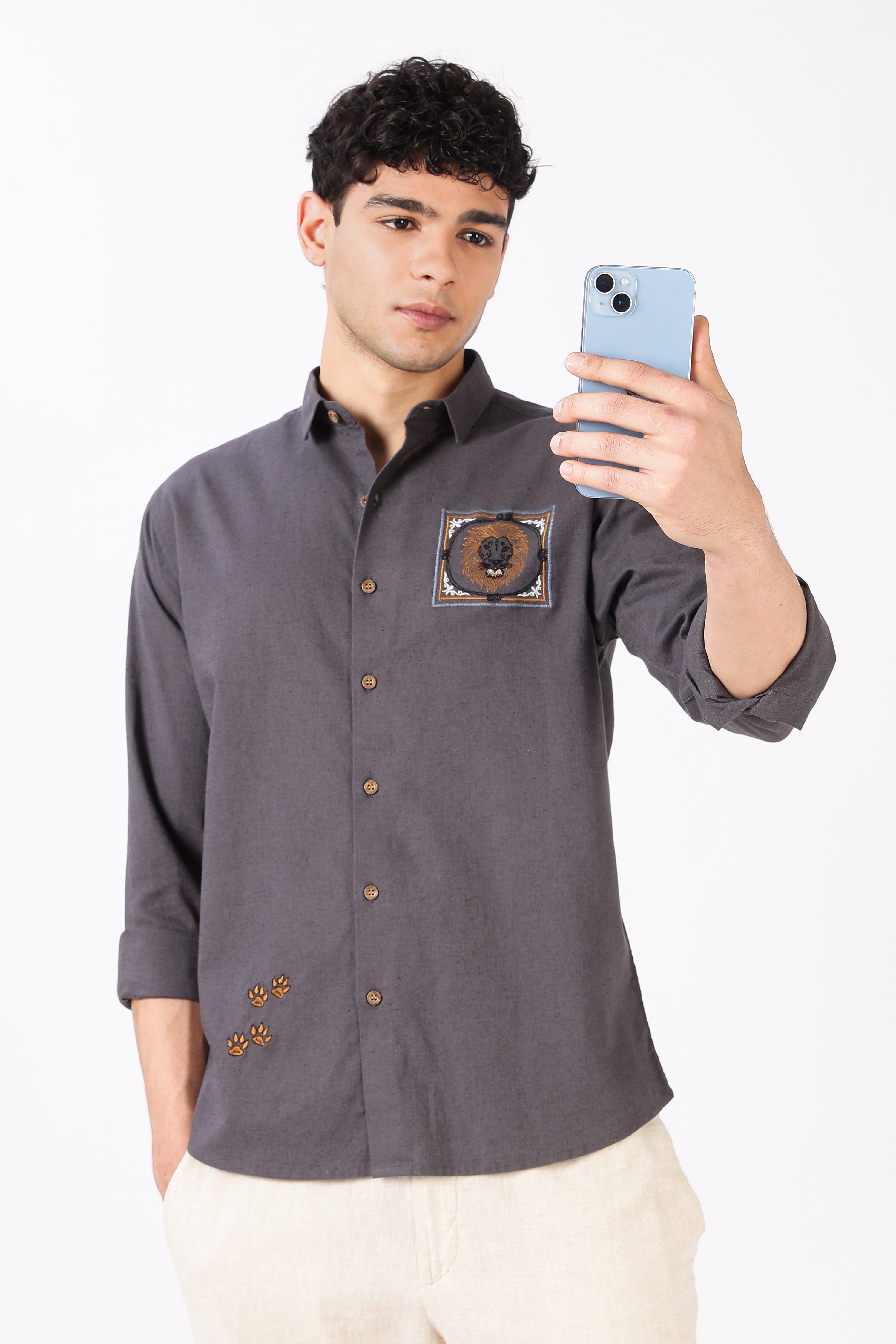 Regal Lion Cotton Regular Fit Gray Charcoal Embroidered Shirt