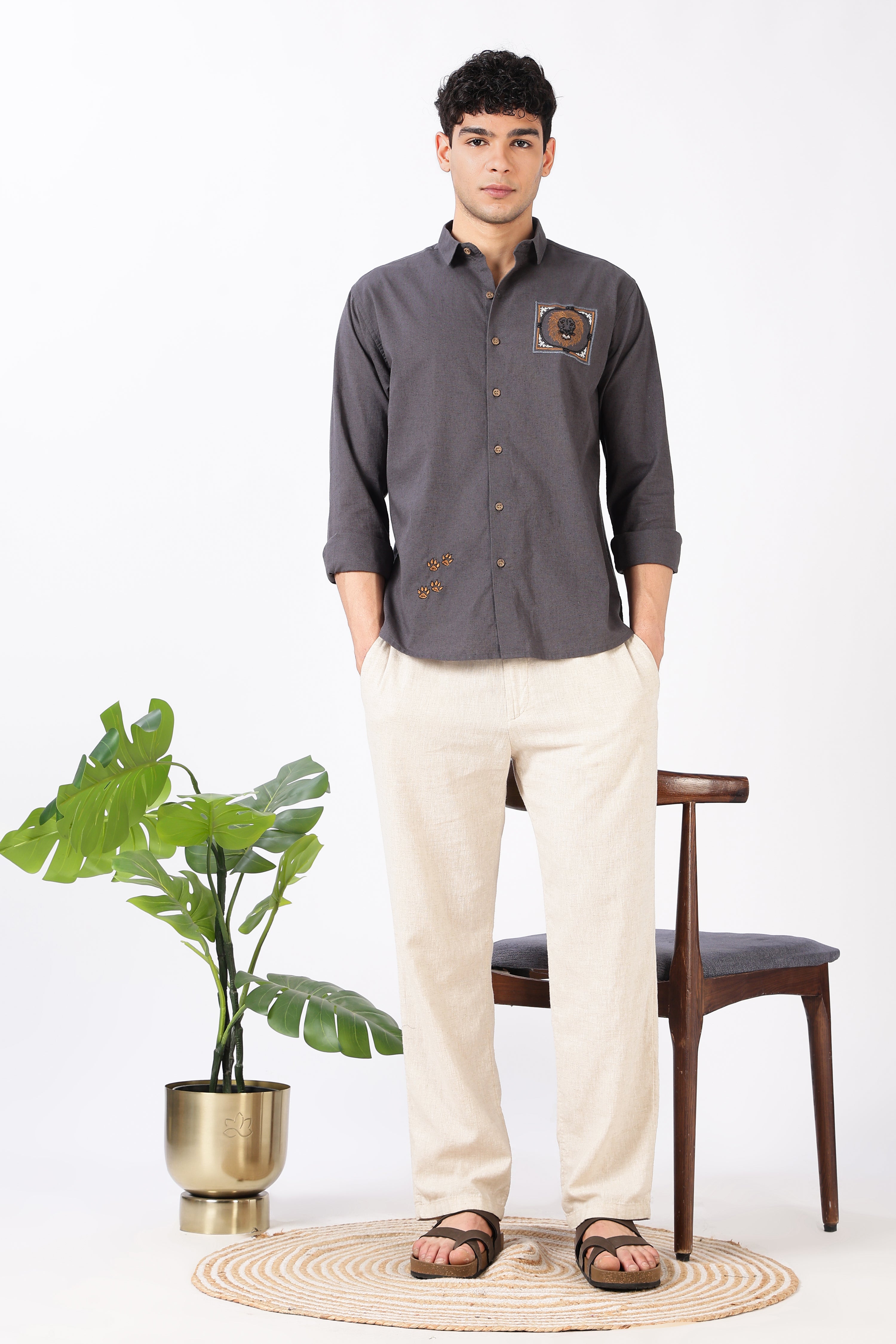 Regal Lion Cotton Regular Fit Gray Charcoal Embroidered Shirt