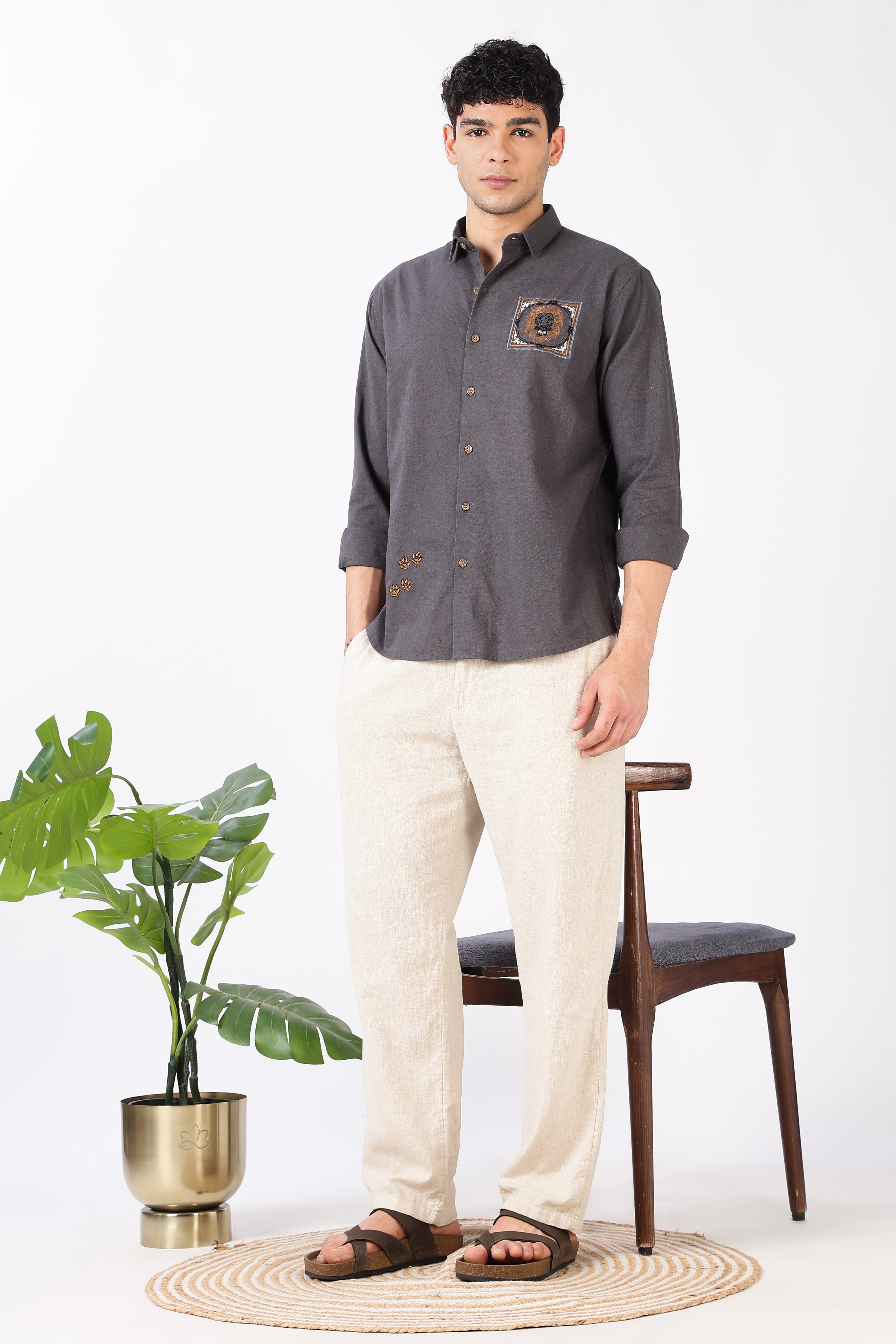 Regal Lion Cotton Regular Fit Gray Charcoal Embroidered Shirt