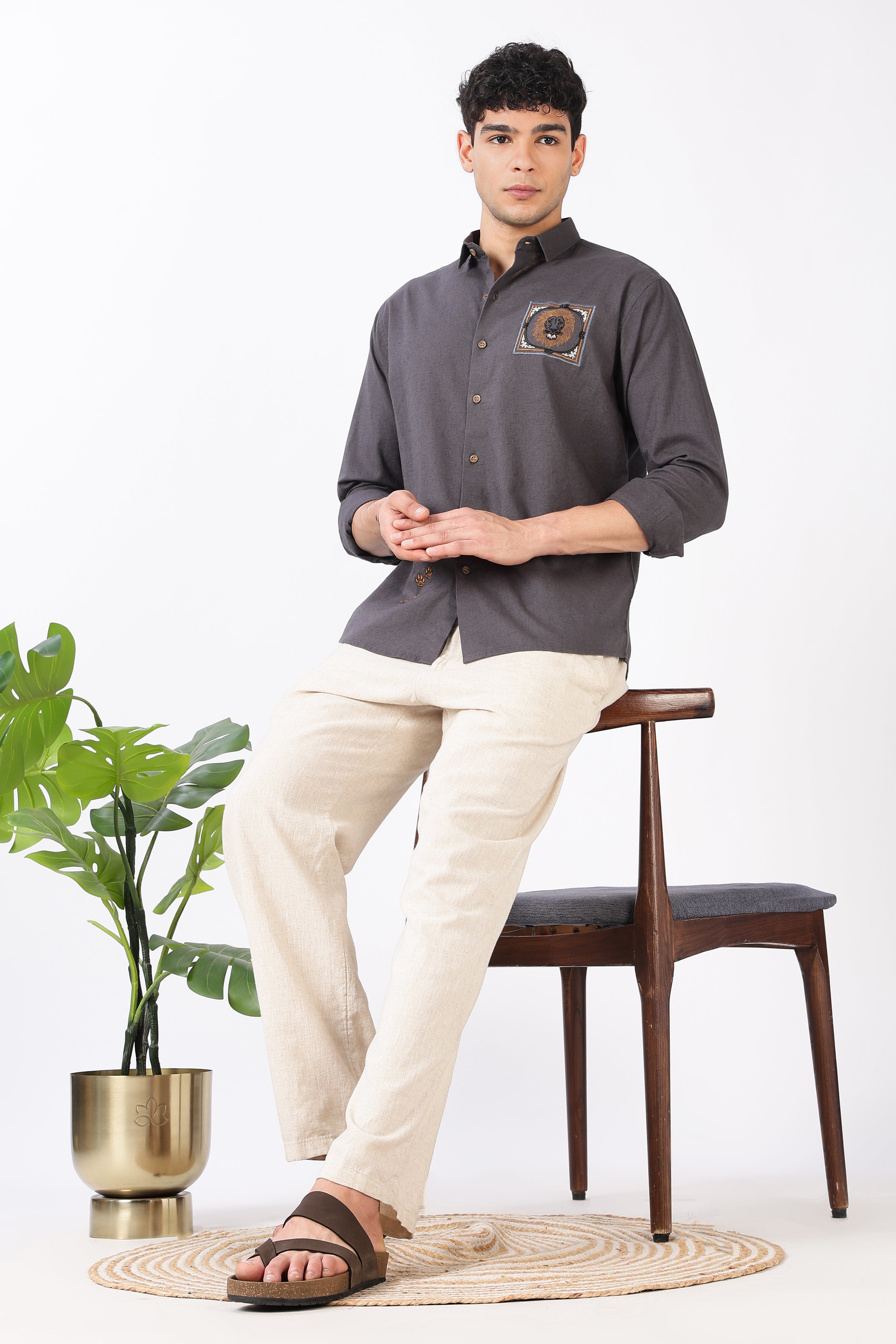 Regal Lion Cotton Regular Fit Gray Charcoal Embroidered Shirt
