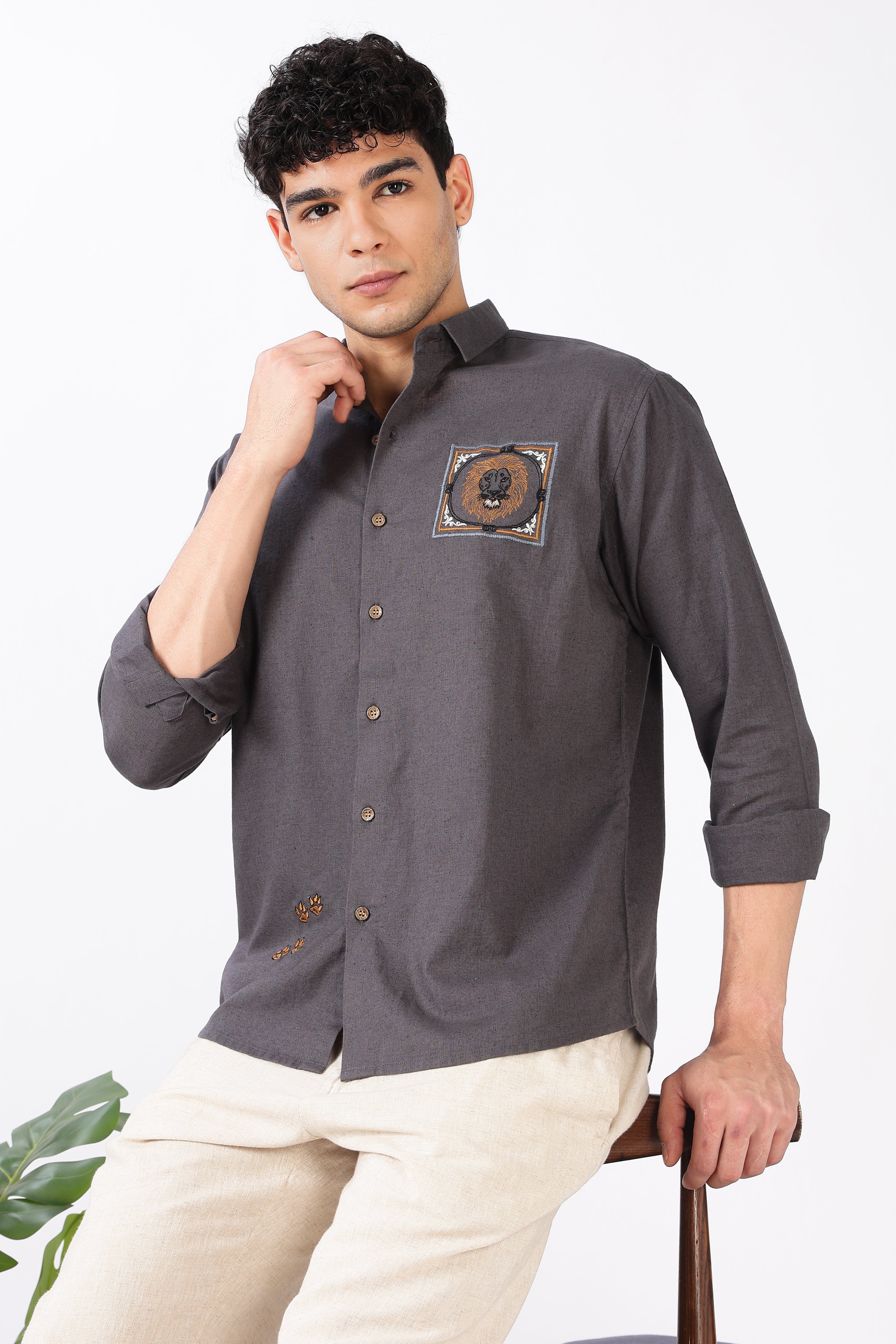 Regal Lion Cotton Regular Fit Gray Charcoal Embroidered Shirt