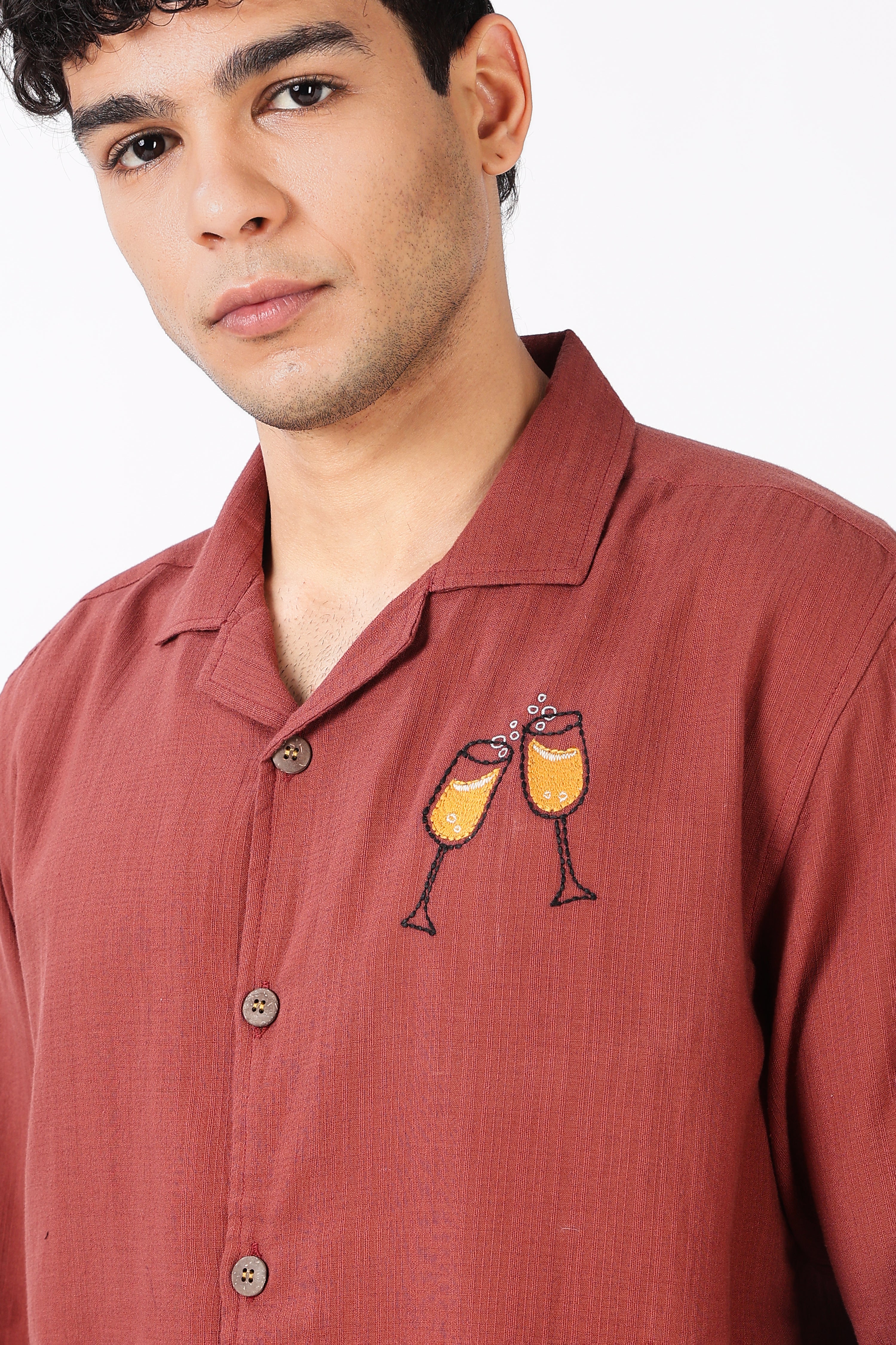 Champagne Toast Cotton Regular Fit Orange Embroidered Shirt