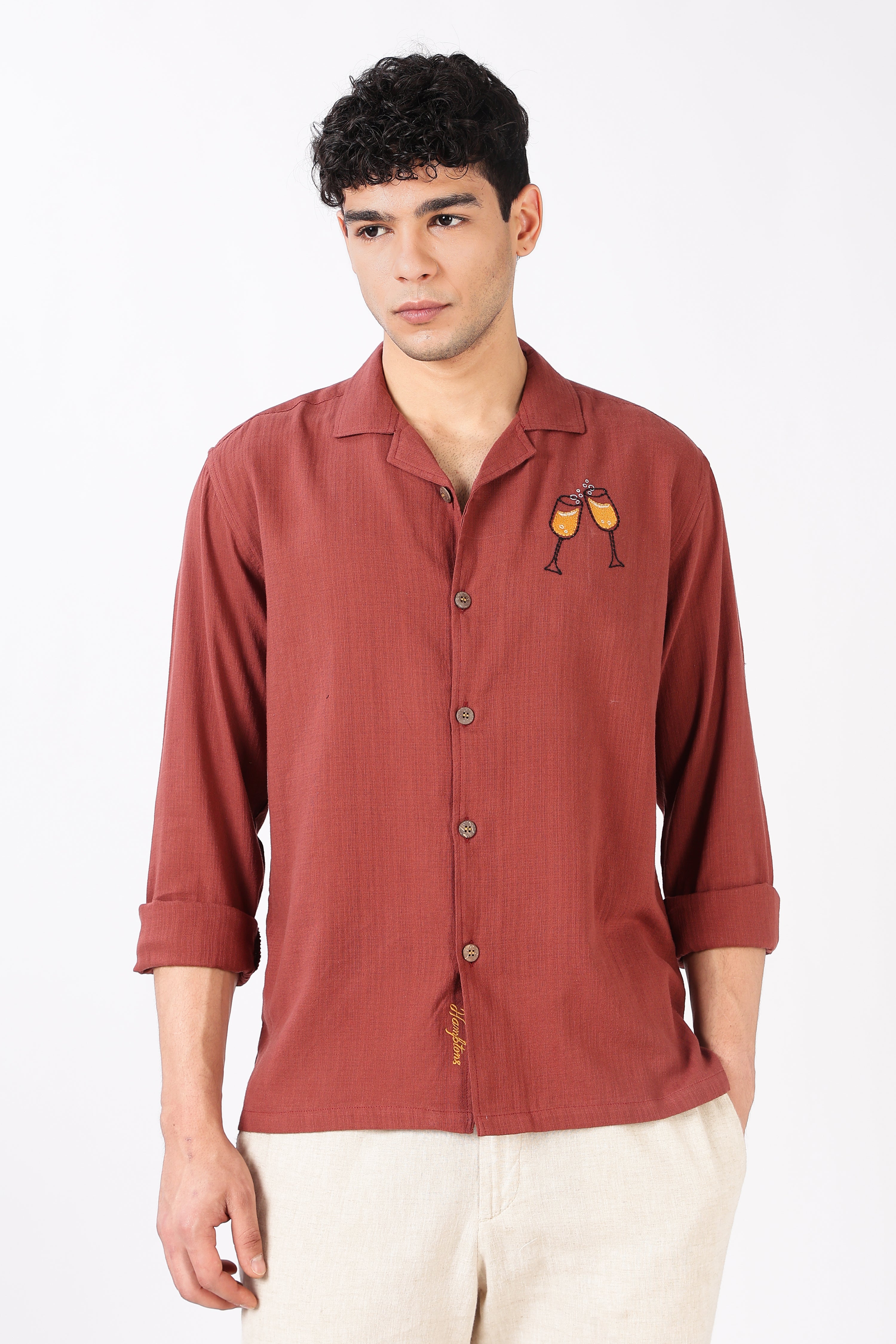 Champagne Toast Cotton Regular Fit Orange Embroidered Shirt
