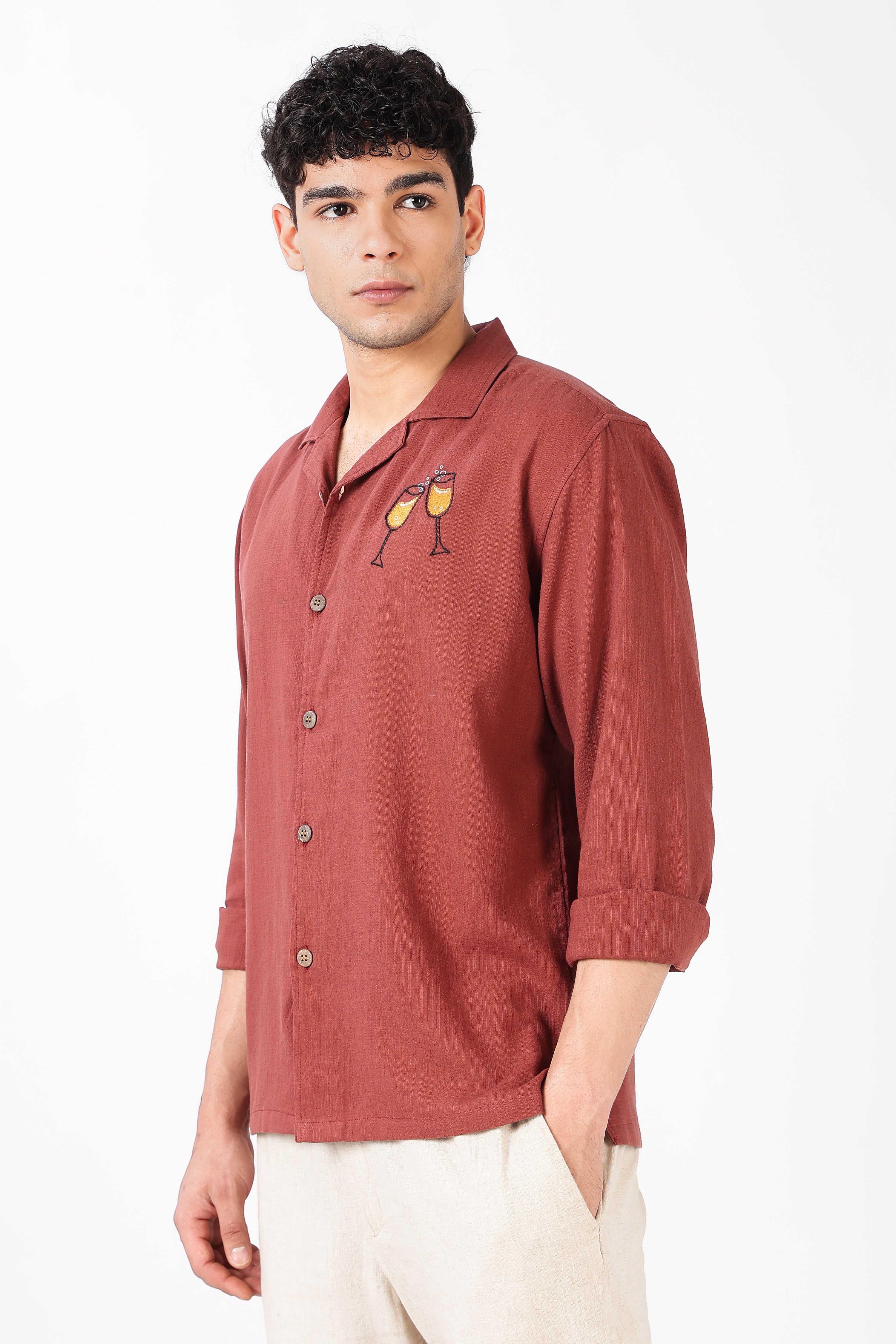 Champagne Toast Cotton Regular Fit Orange Embroidered Shirt