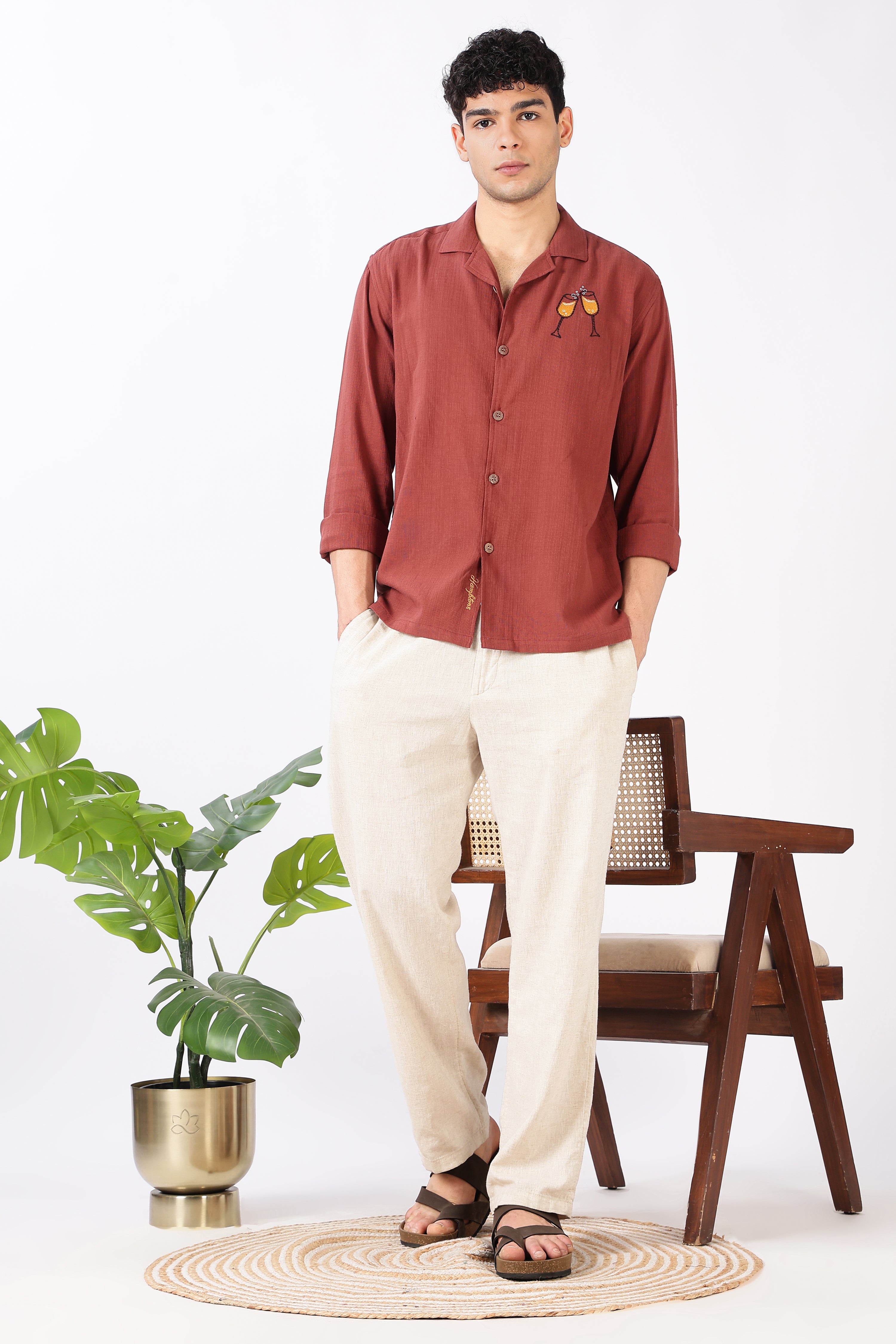 Champagne Toast Cotton Regular Fit Orange Embroidered Shirt