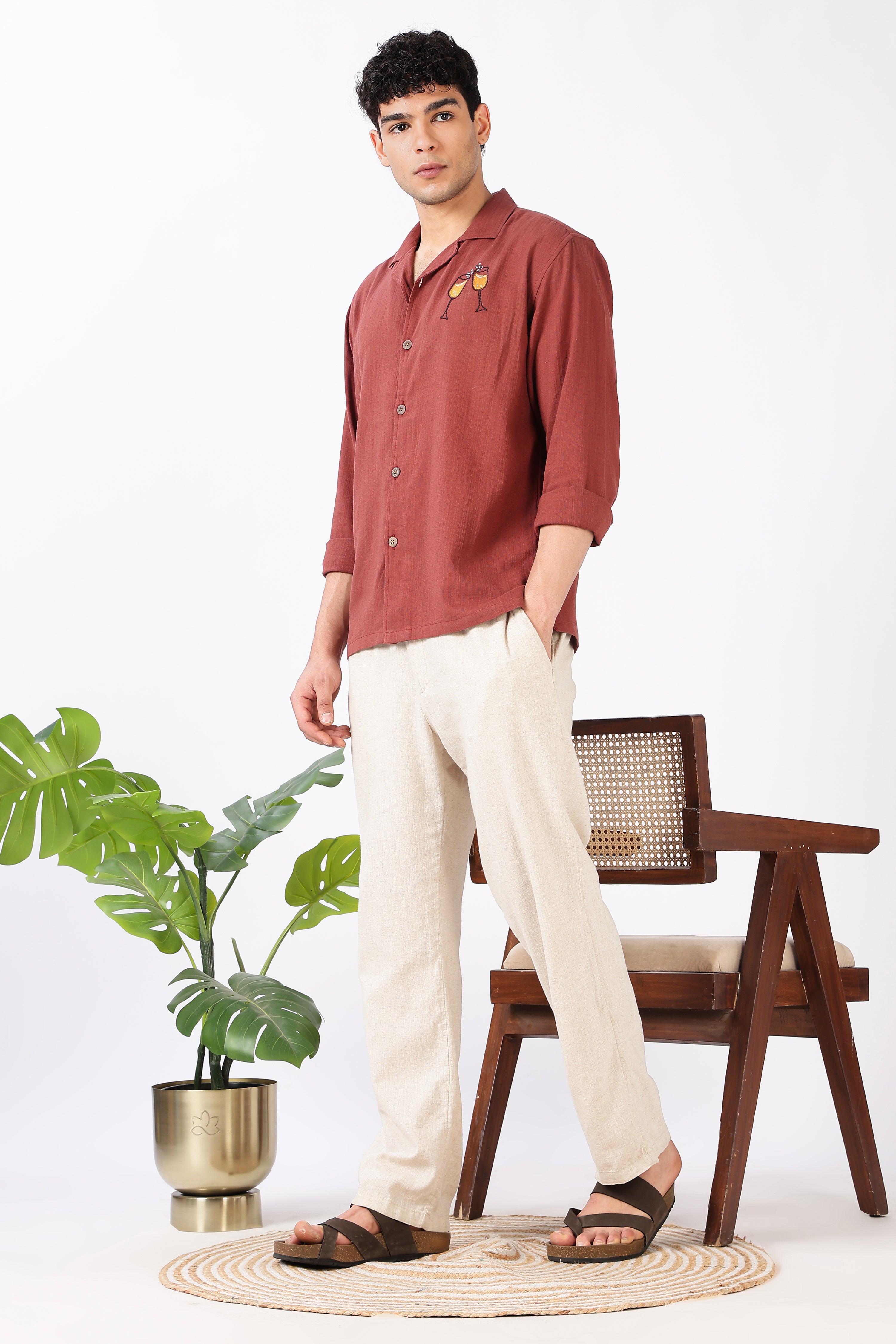 Champagne Toast Cotton Regular Fit Orange Embroidered Shirt