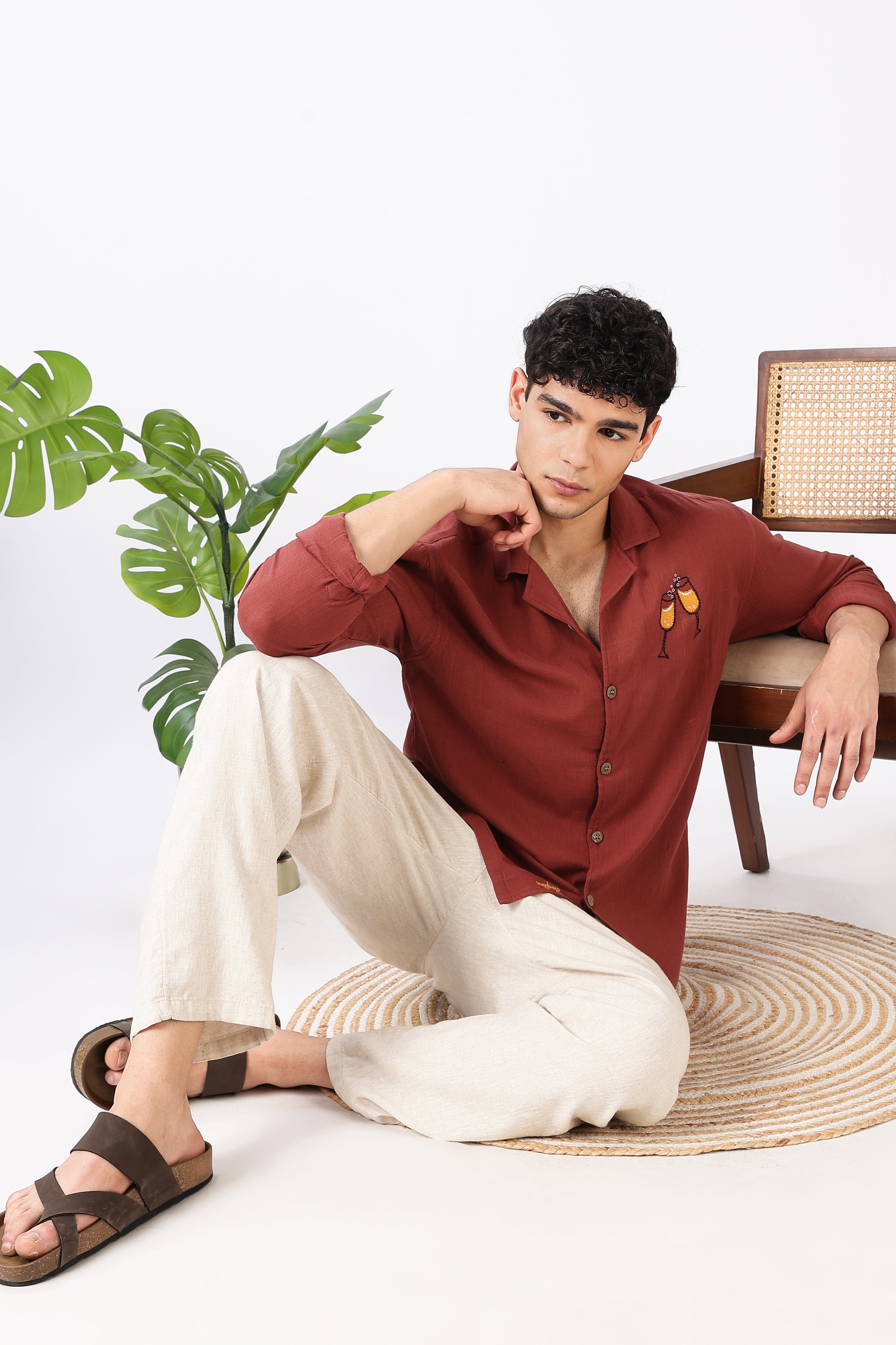 Champagne Toast Cotton Regular Fit Orange Embroidered Shirt