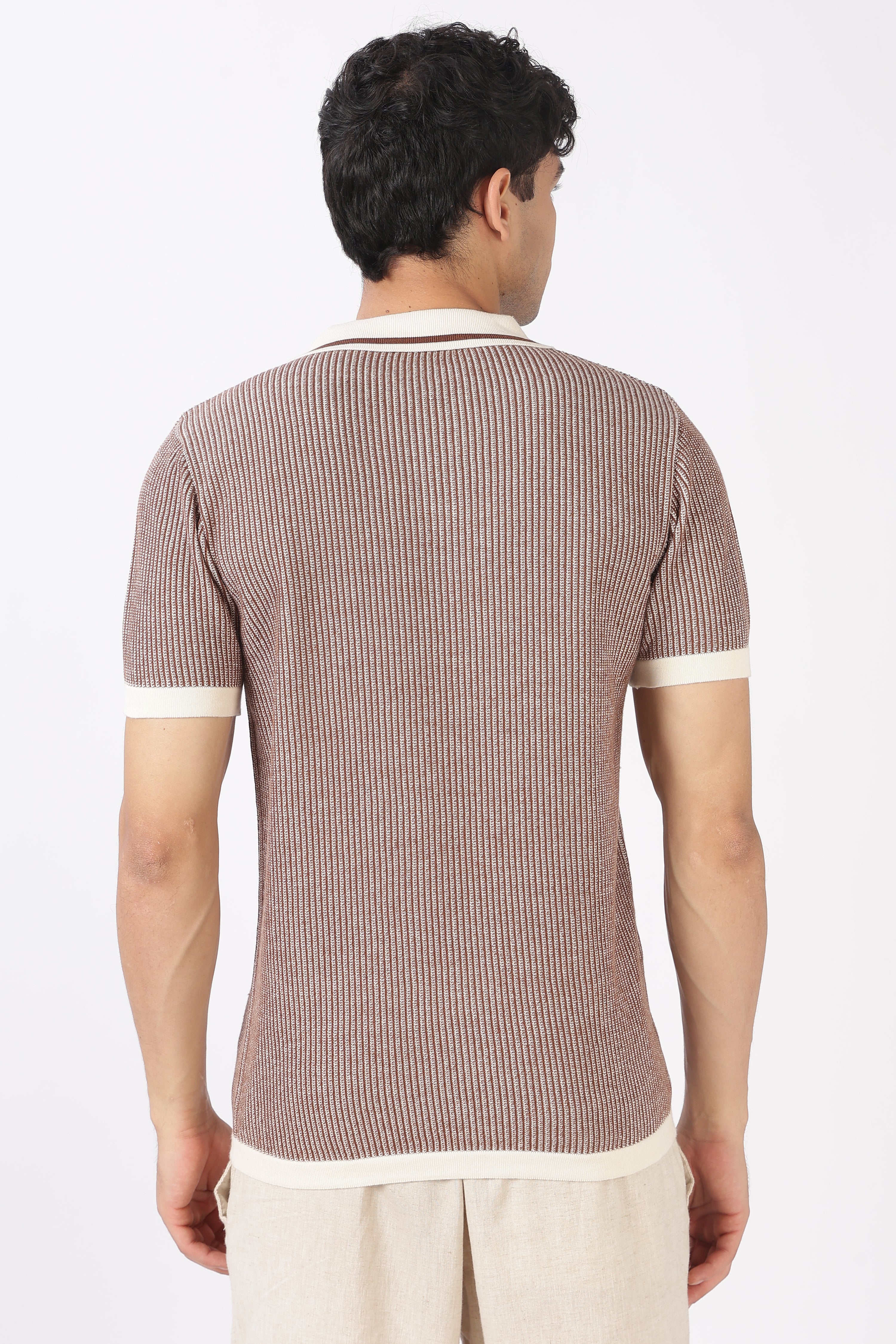 Sienna Stripe Knit Slim Fit Brown Polo T-Shirt